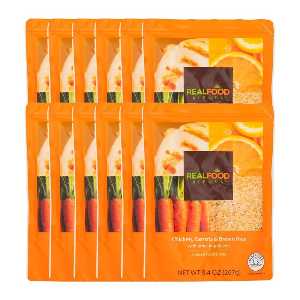 Real Food Blends Orange Chicken, Carrots & Brown Rice Pureed Blended Meal for Feeding Tubes, 9.4 oz Pouch (Pack of 12 Pouches)