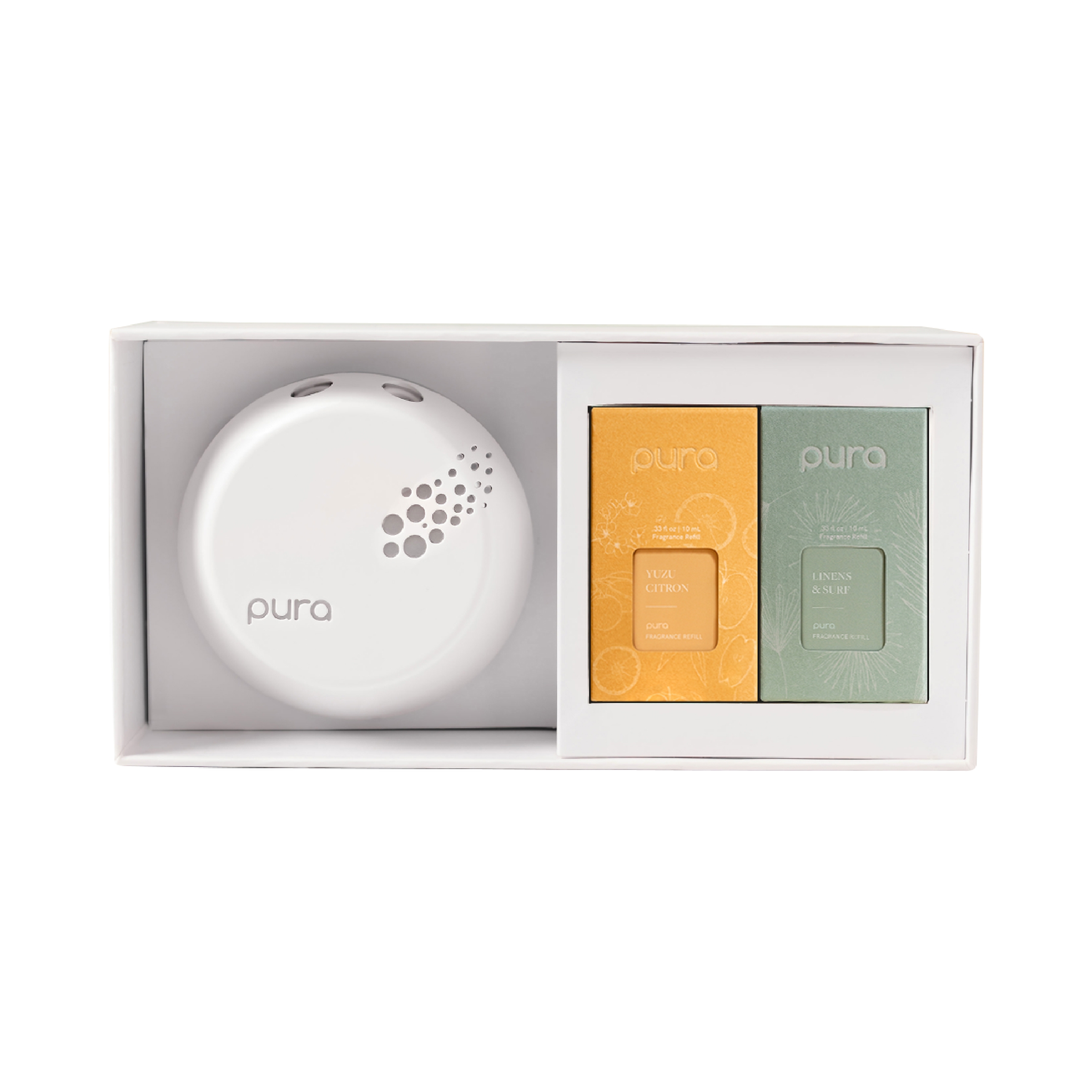 Pura Smart Fragrance Diffuser Device Set - Home Scent Diffuser with Pura Refills - 1 Fragrance Diffuser, 1 Linens & Surf, 1 Yuzu Citron