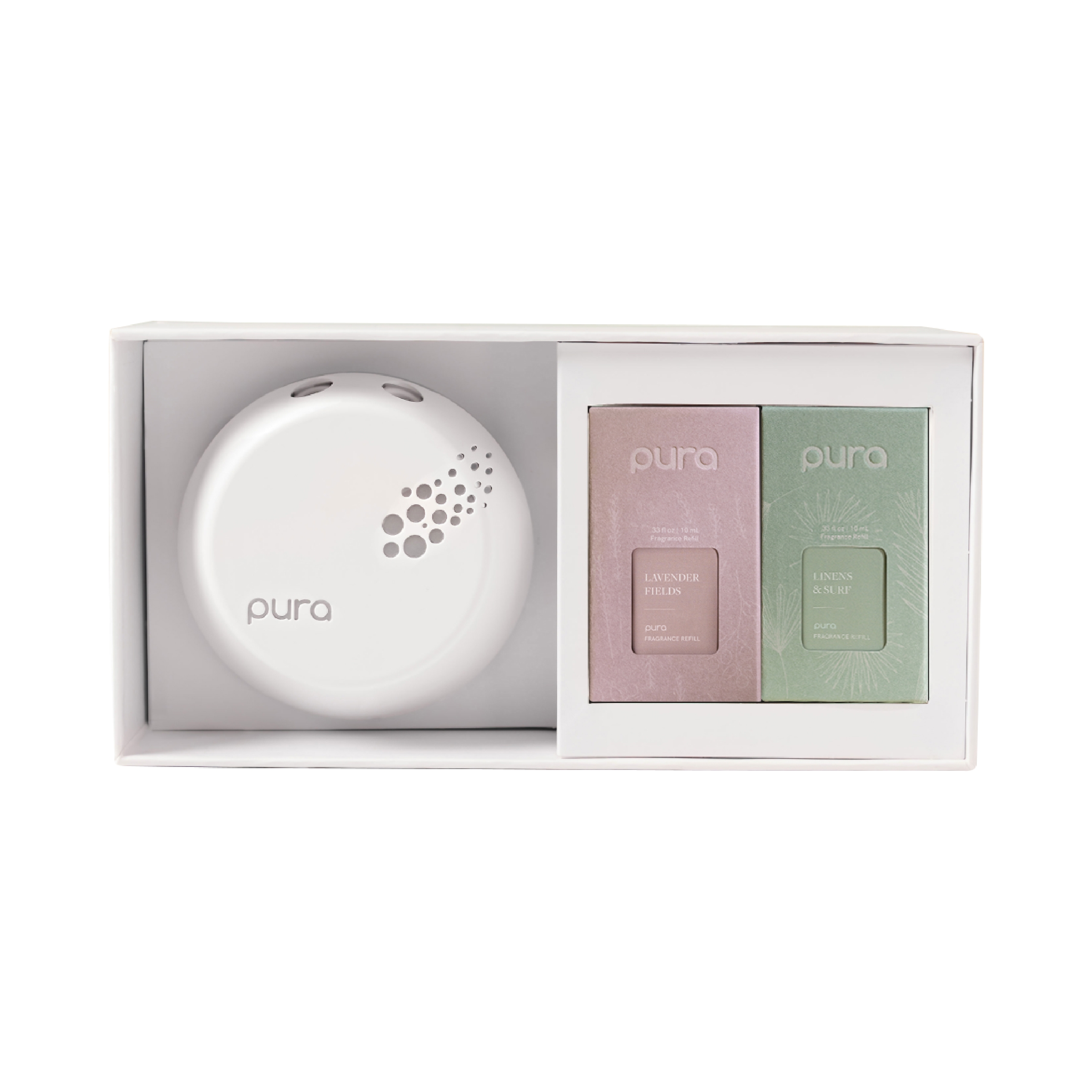 Pura Smart Fragrance Diffuser Device Set - Home Scent Diffuser with Pura Refills - 1 Fragrance Diffuser, 1 Linens & Surf, 1 Simply Lavender