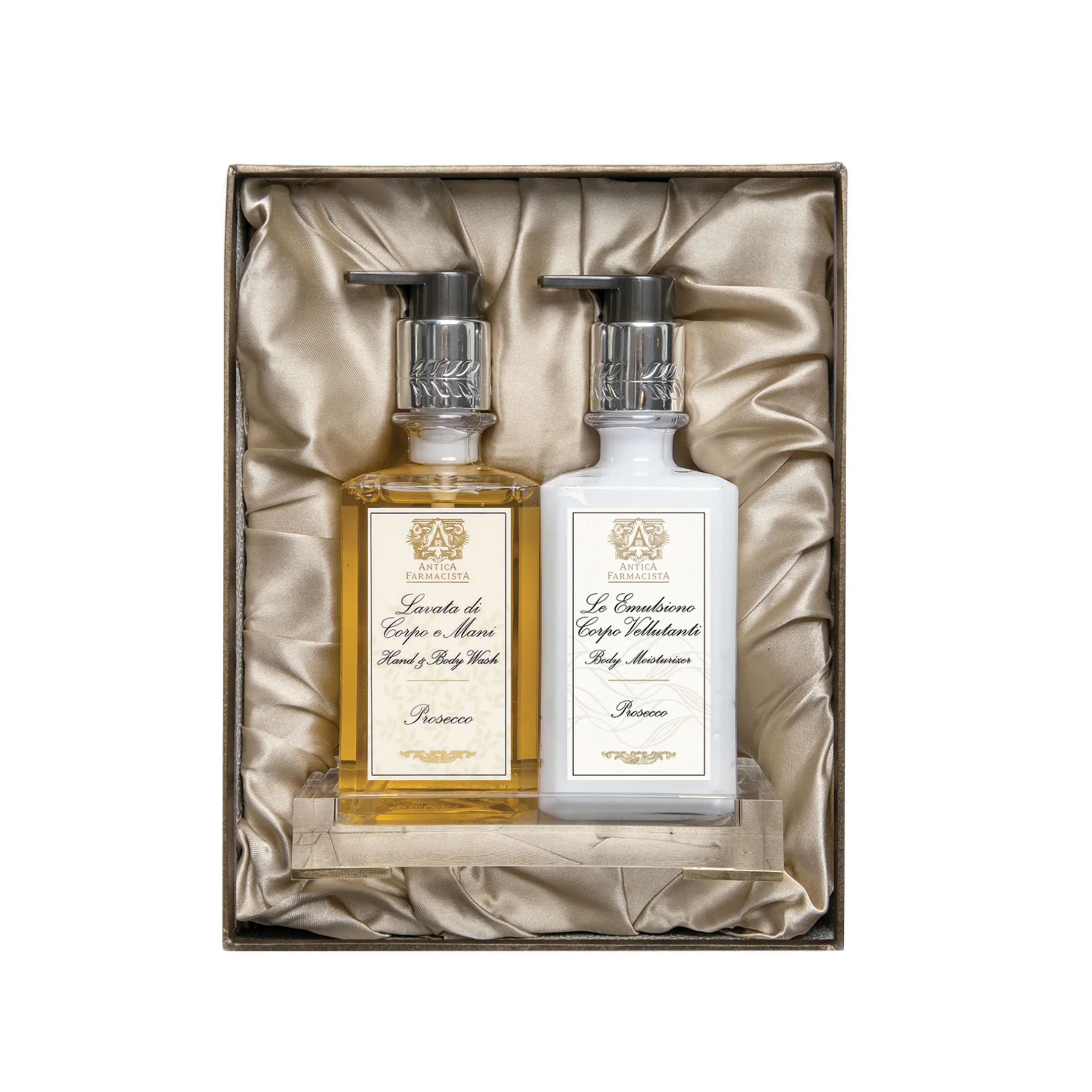 Antica Farmacista Gift Set with Hand/Body Wash, Body Moisturizer and Acrylic Bath/Body tray - Prosecco