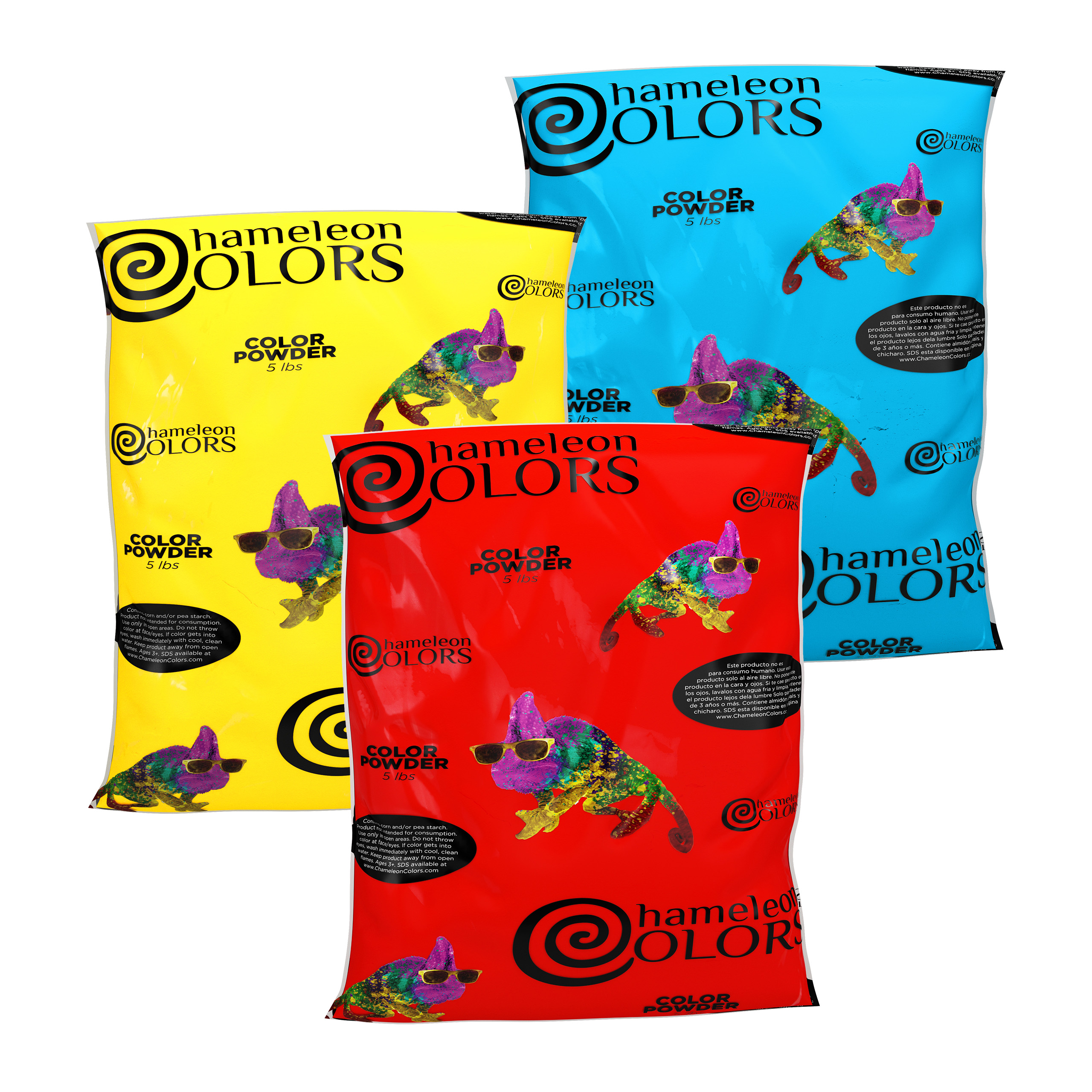 Chameleon Colors Color Powder, 3 Colors of Holi Powder, 15 Pounds (5 Pounds per Bag), Pack of 3