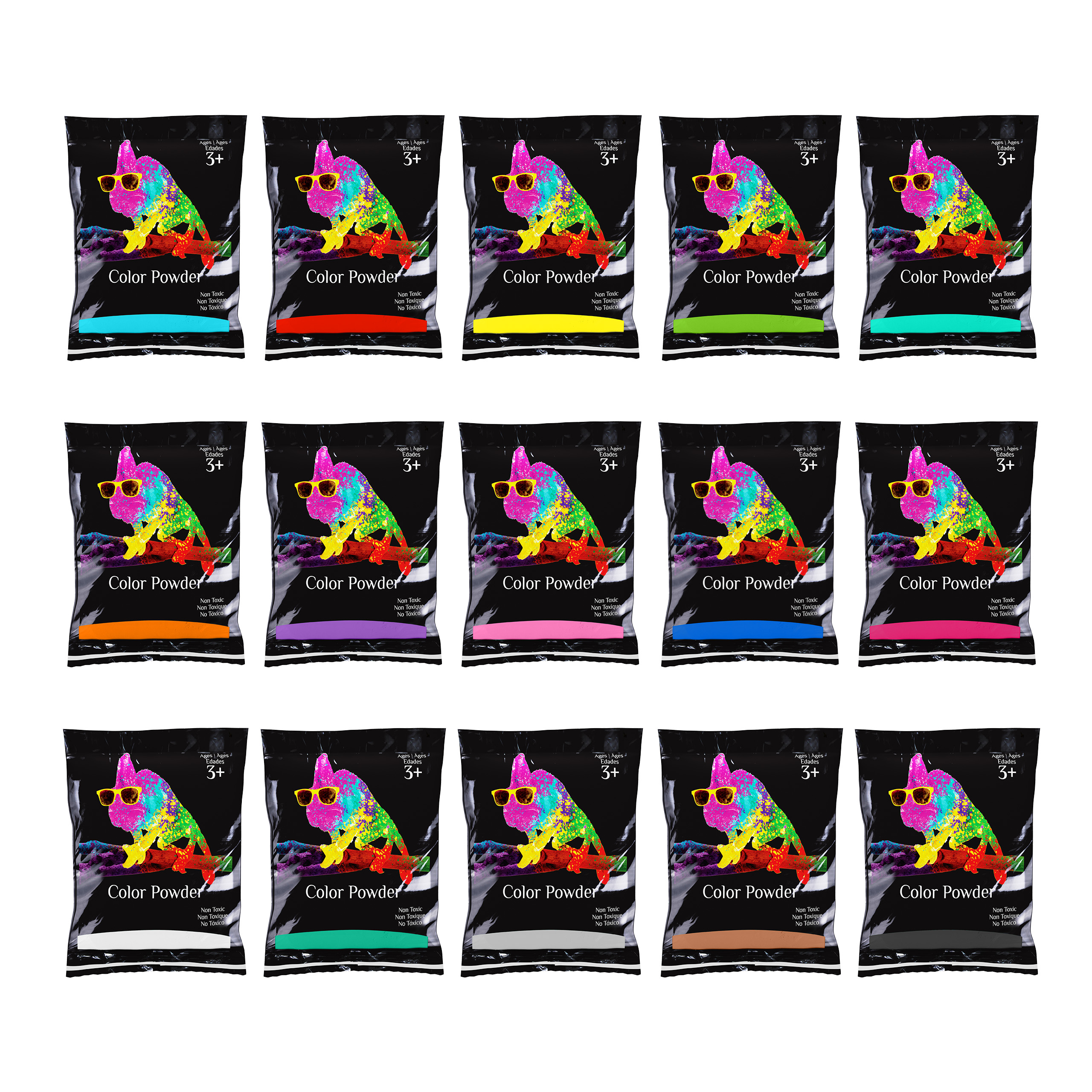 Holi Festival Color Powder - 15 color 15 pack 70g - Yellow, Pink, Green, Purple, Orange, Red, Aquamarine, Magenta, Navy Blue, True Blue, Black, Brown, Grey, White, Teal - Premium