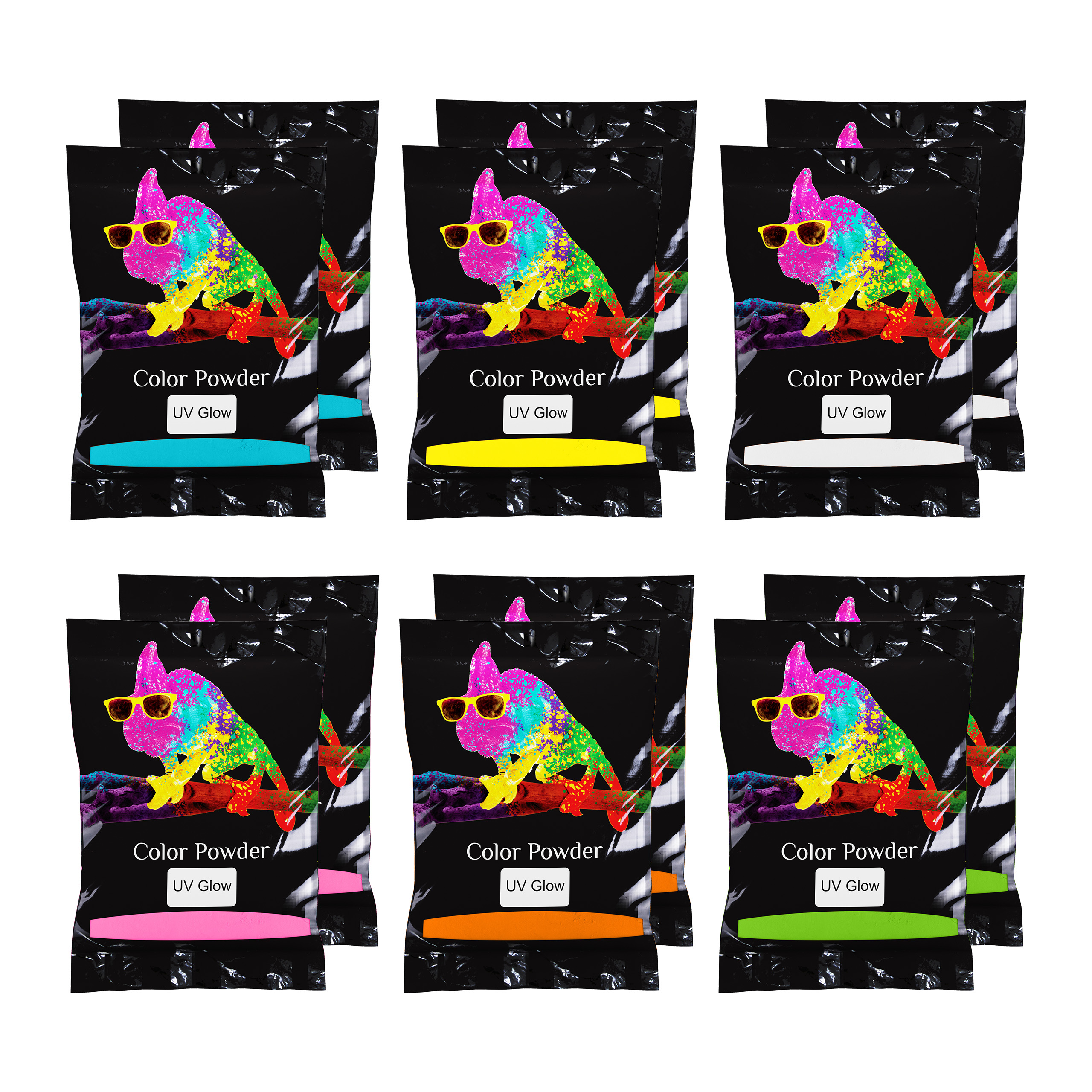 Chameleon Colors UV Color Powder - 12 Individual Packs with 6 Colors-UV Pigment Powder for School Events, Blacklight Dances, and Blacklight Photography-Glow Powder Pigment for Resin