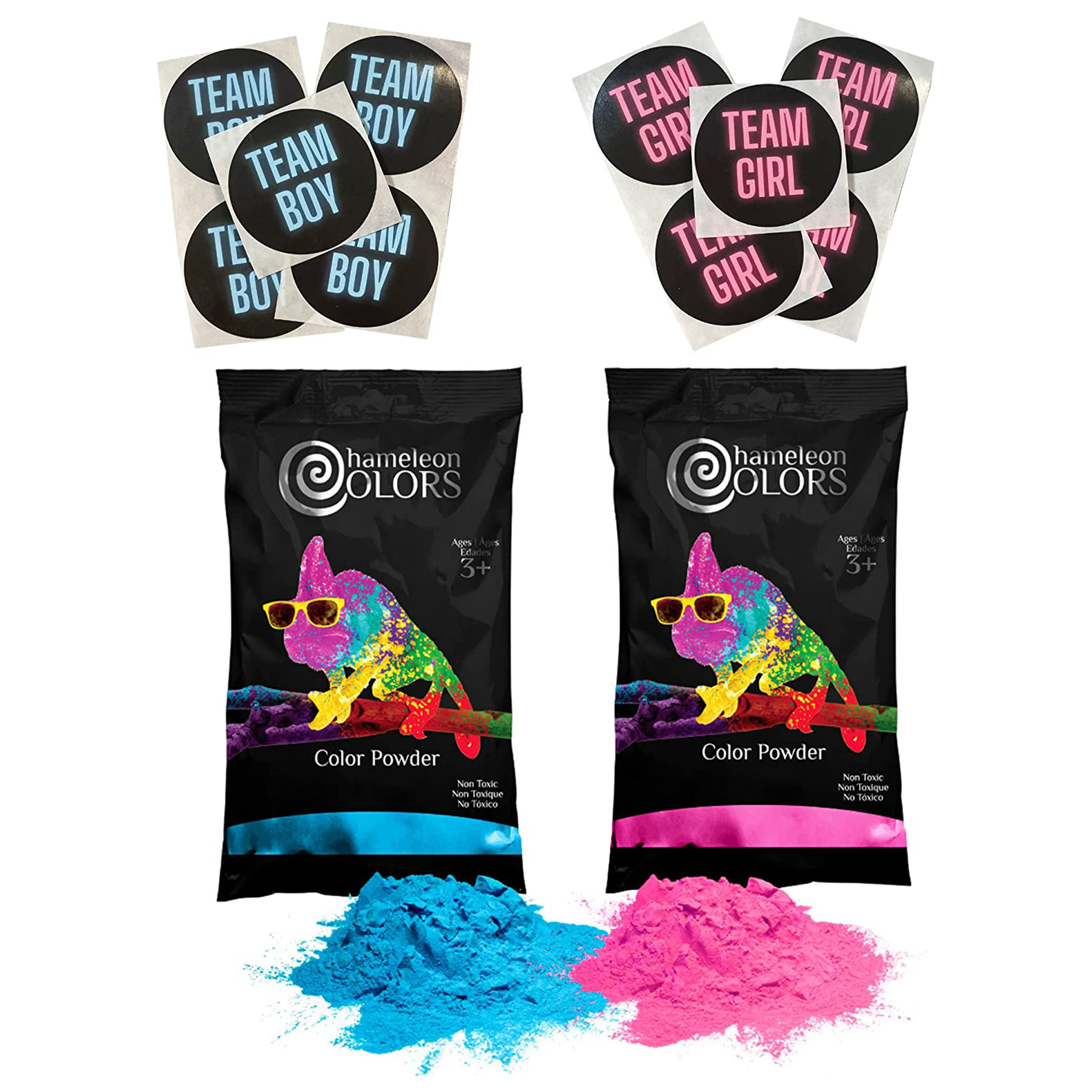 Chameleon Colors Gender Reveal Powder Kit - Includes Pink and Blue Color Powder, 5 Team Girl and 5 Team Boy Stickers - 2 lbs Color Powder