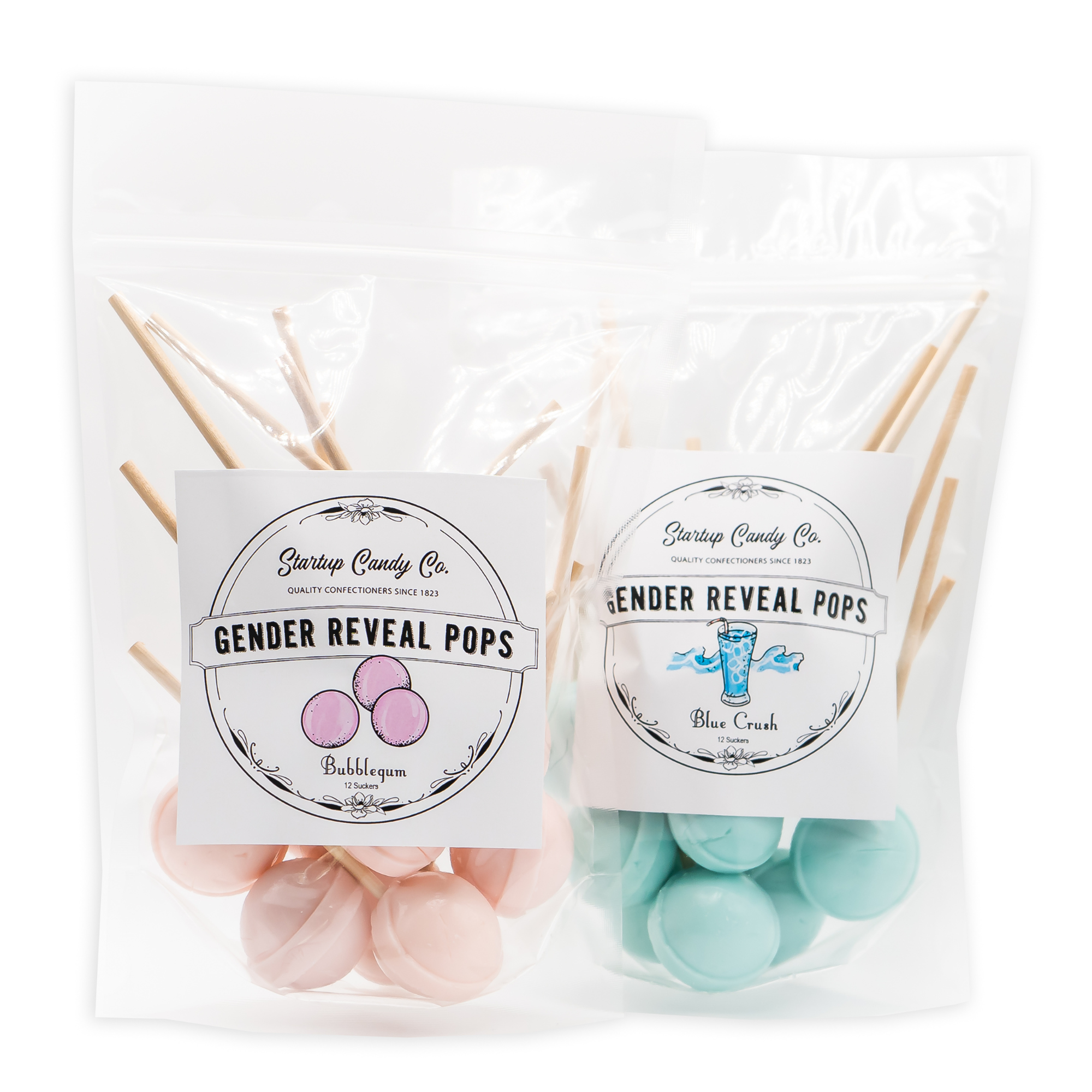 Startup Candy - Gender Reveal Party Pack - Jumbo Lollipops with Wooden Sticks - 2 Flavors - Blue Crush and Bubblegum
