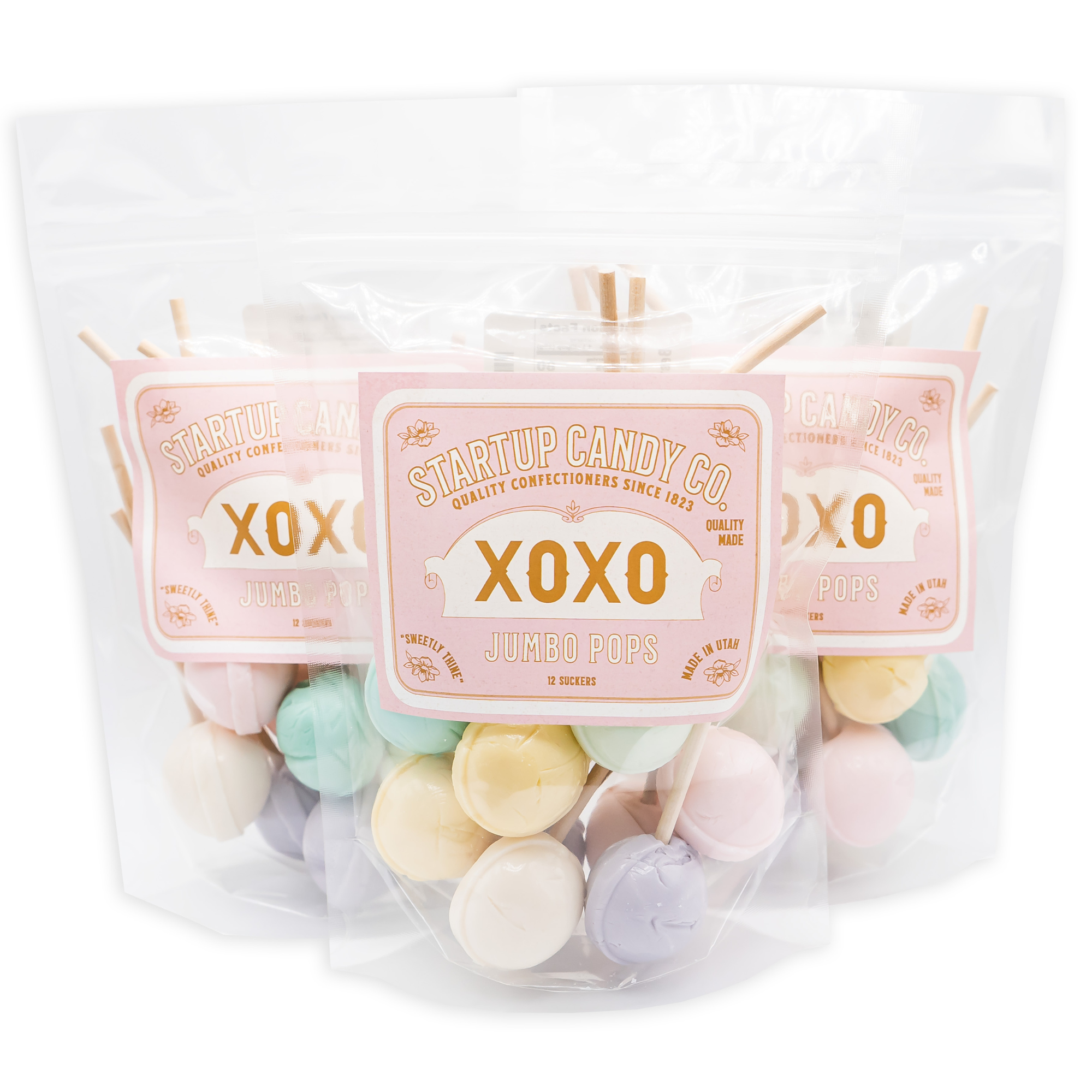 Startup Candy - XOXO - Old Fashioned Jumbo Lollipops with Wooden Sticks - 6 Flavor Variety Pack - Bubblegum, Lemon Chiffon, Minty Mallow, Blue Crush, Berry Sherbet, & Marshmallow