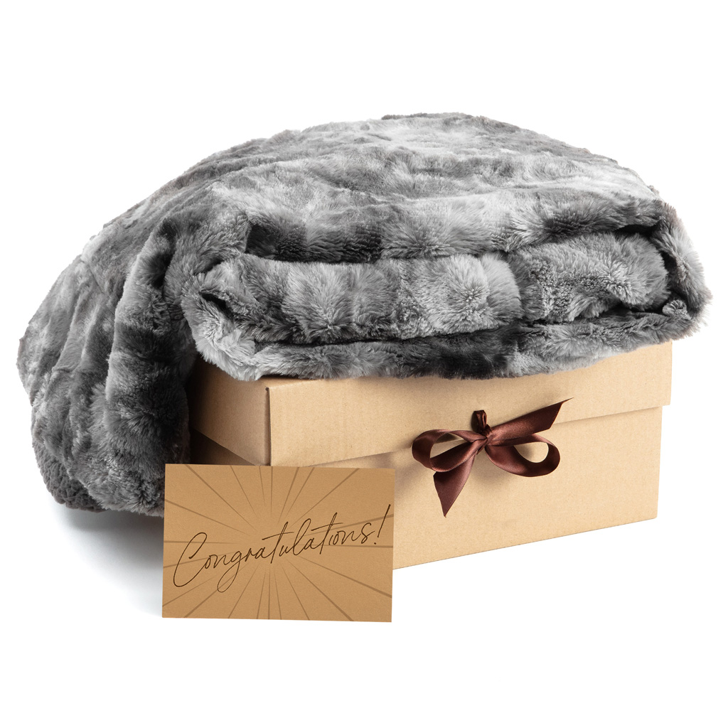 Chanasya Congratulations Gift Blanket Set - Faux Fur Wolf Gray Soft Fuzzy Elegant Throw Blankets - Warm Thoughtful Caring Gifts Mom Dad Sibling Friend Colleague - 2Piece Bundle Throw Blanket with Card
