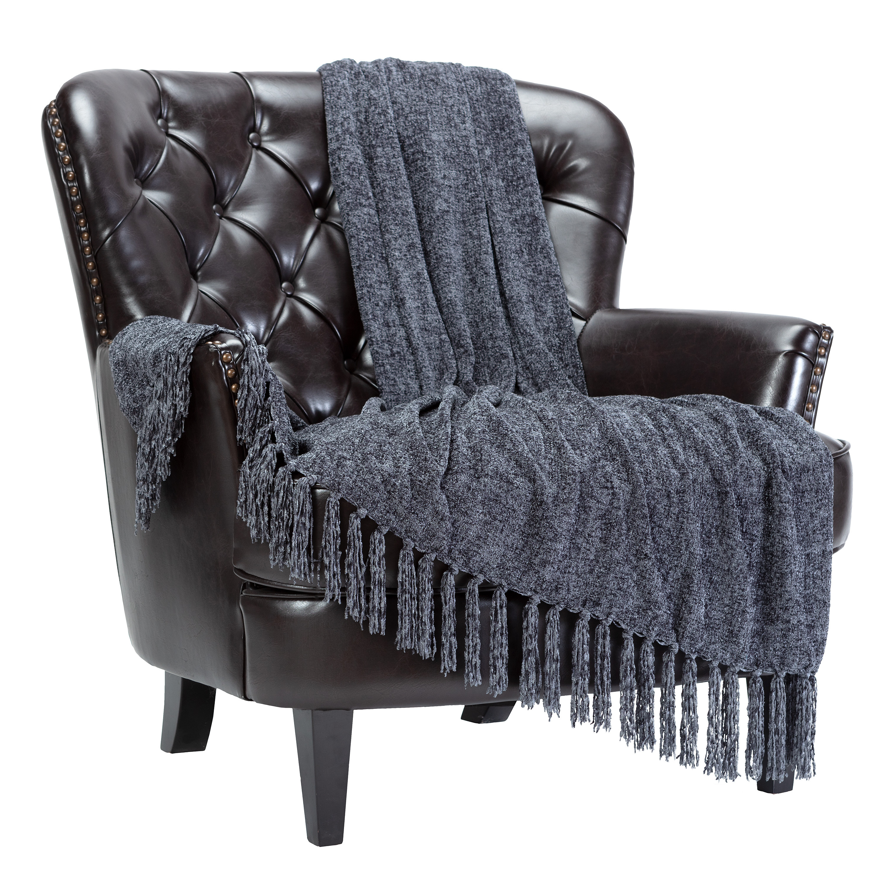 Chanasya Chenille Velvety Texture Decorative Throw Blanket with Tassels - Soft Cozy Elegant with Subtle Shimmer for Sofa Chair Couch Bed Living Room Gray Throw Blanket (50x65 Inches) Dark Shadow