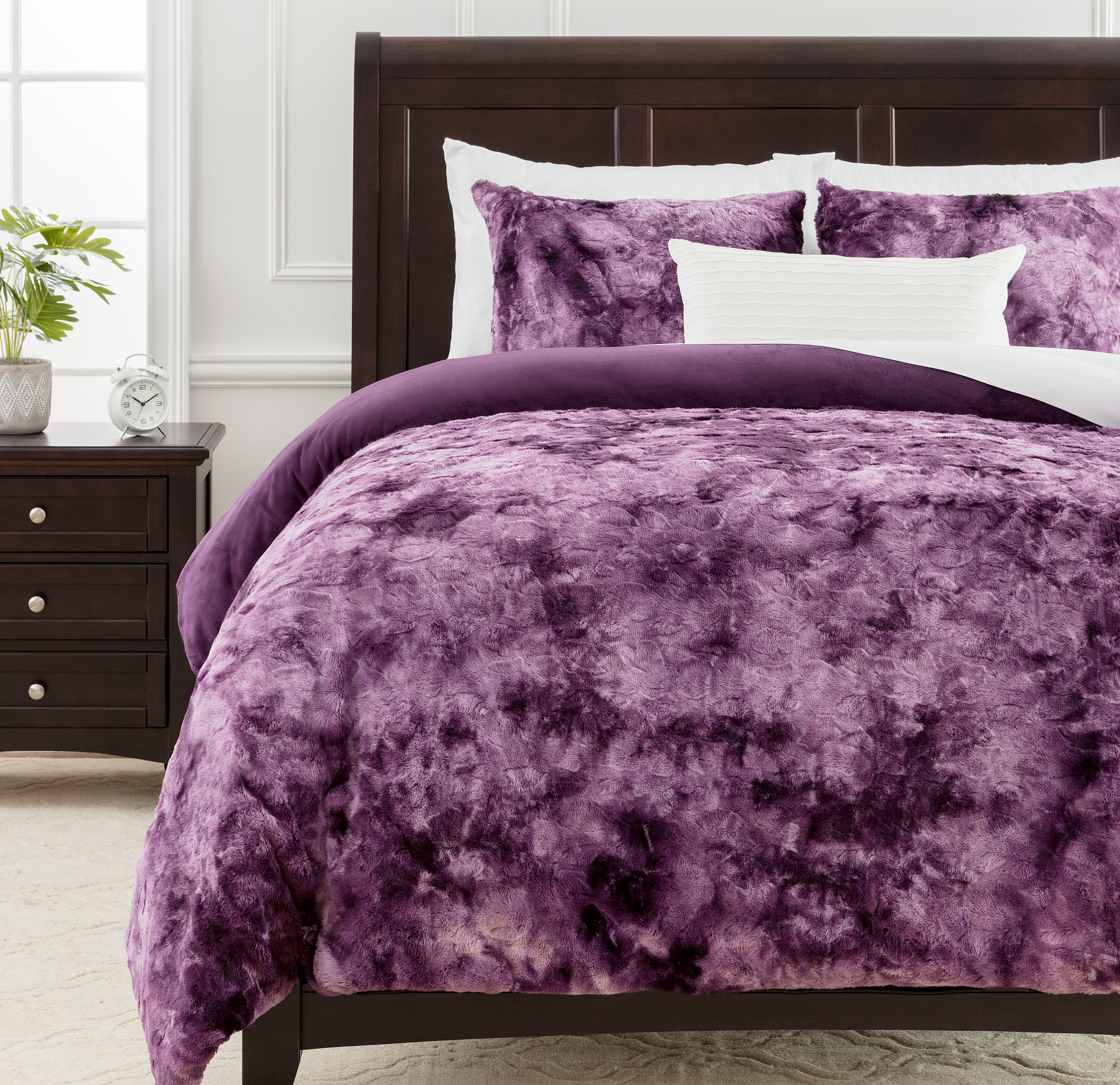 Chanasya Fuzzy Faux Fur Aubergine Duvet Cover Comforter Bedding Set Queen Size - 3 Piece Combo - Soft Cozy Shag Furry Fluffy Royal Luxurious Soft Velvet Mink Fabric Bedcover - Blanket Spread - Purple