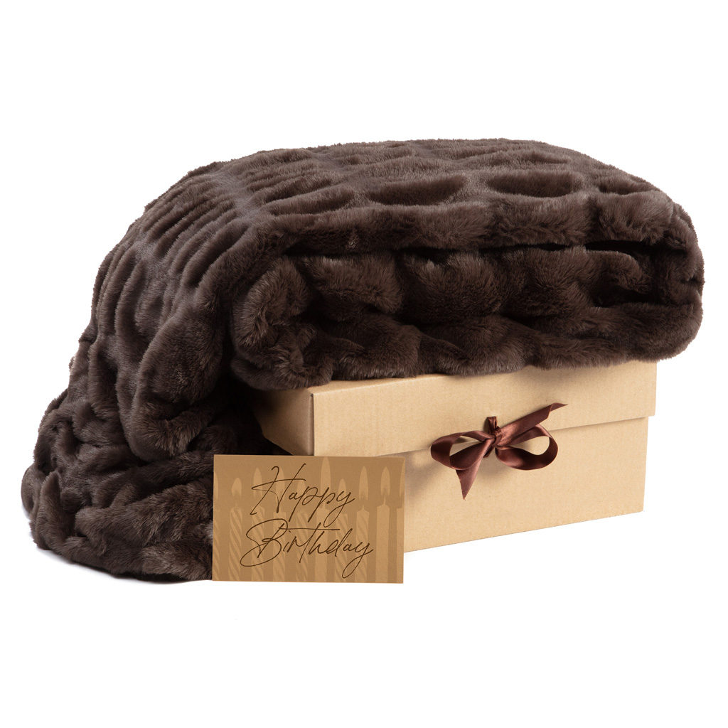 Chanasya Birthday Gift Blanket Set - Ruched Faux Fur Mocha Soft Fuzzy Luxurious Throw Blankets - Warm Thoughtful Caring Gifts Mom Dad Sibling Friend Colleague - 2-Piece Bundle Throw Blanket with Card