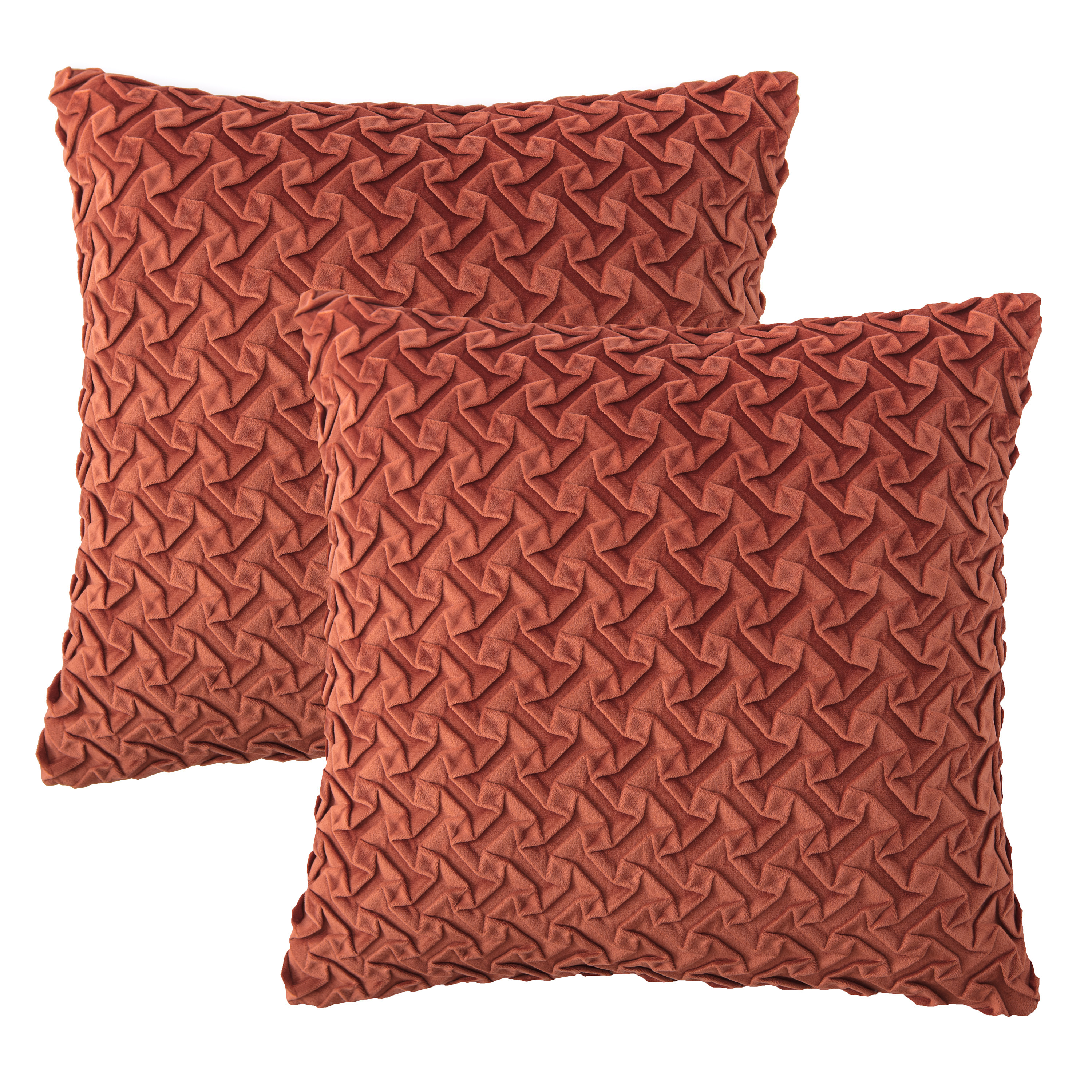Chanasya Origami Textured Velvet Throw Pillow Cover - Bright and Colorful Super Soft Modern Decorative Home Decor for Sofa, Chair, and Bed (18x18 Inches) Rust 2 Piece Set