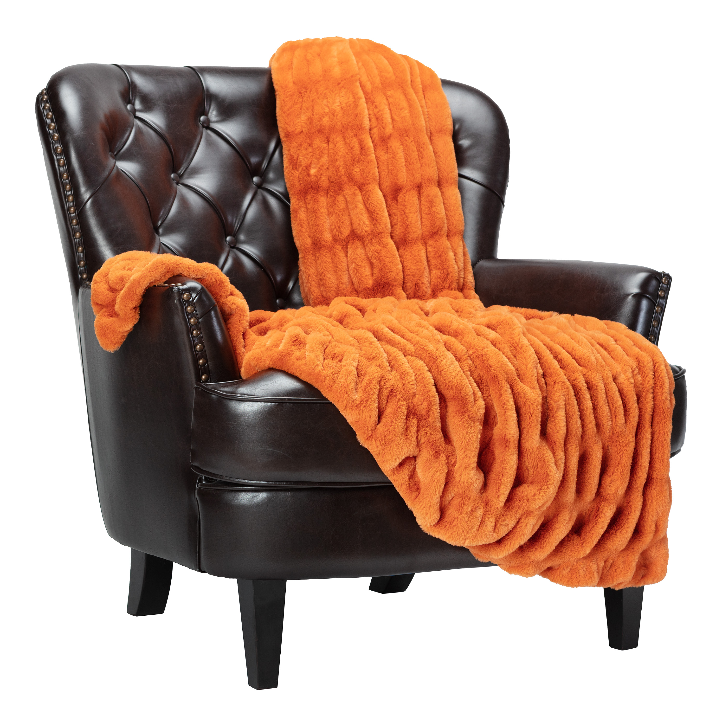 Chanasya Ruched Luxurious Soft Faux Fur Throw Blanket - Fuzzy Plush and Elegant with Reversible Mink Blanket for Sofa Chair Couch Living Room Birthday Gift and Home Decor (50x65 Inches) Orange