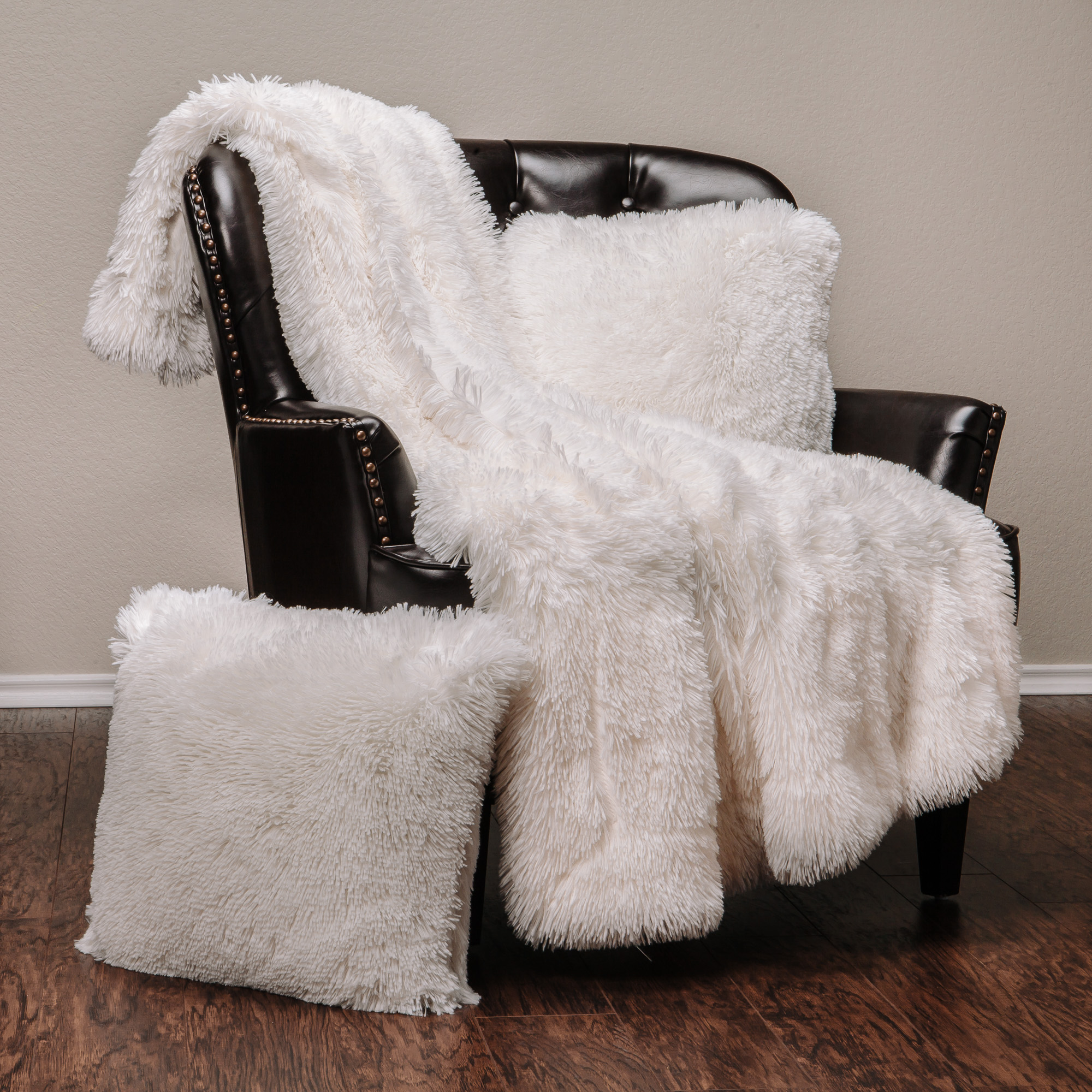 Chanasya Fuzzy Shaggy Faux Fur Throw Blanket and Pillow Cover 3-Piece Set - Lightweight Plush Sherpa Throw (50x65 Inches) and 2 Matching Throw Pillow Covers (18x18 Inches) for Bed Couch - White