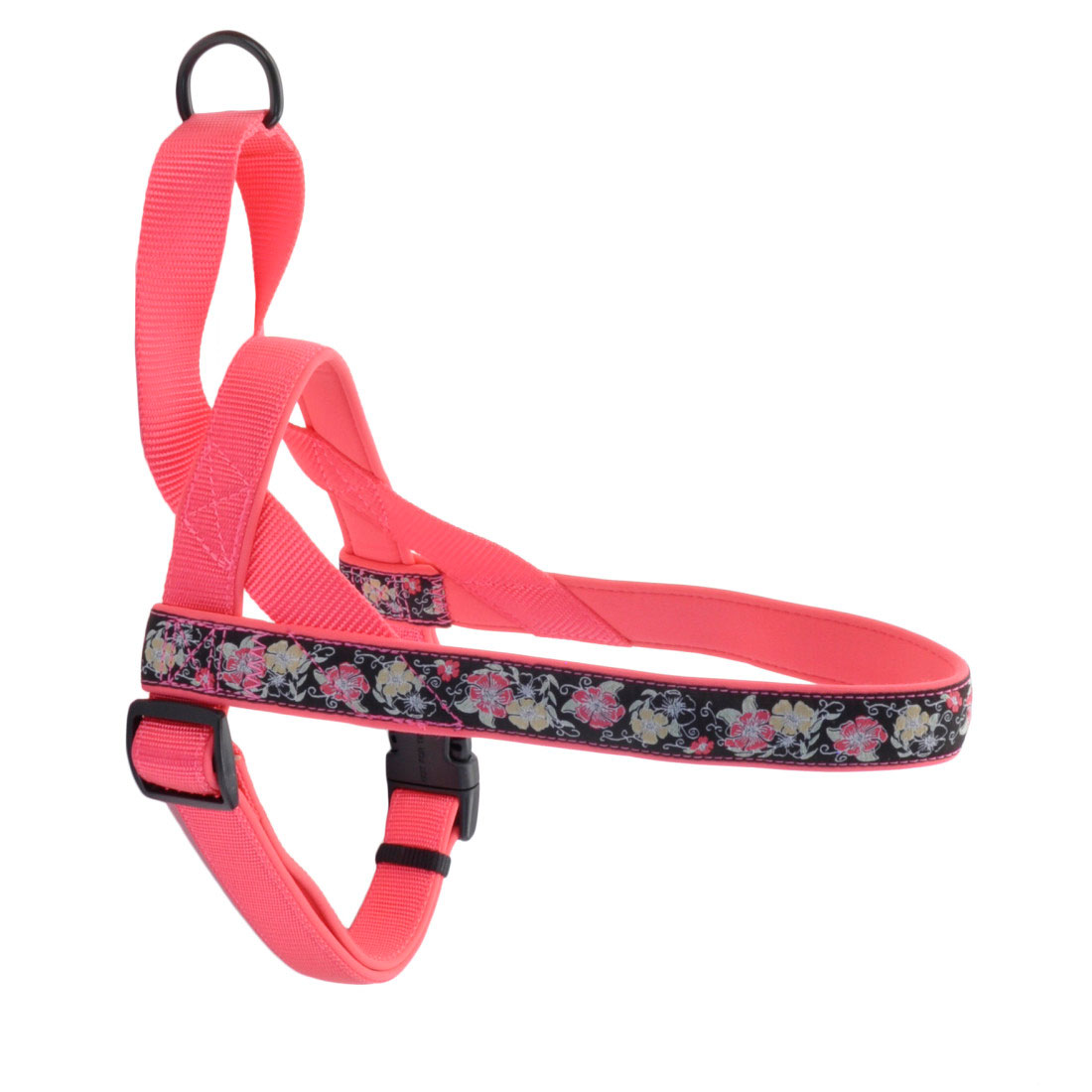 Coastal - Ribbon - Weave Harness, Pink Yellow Flowers on Black, 5/8