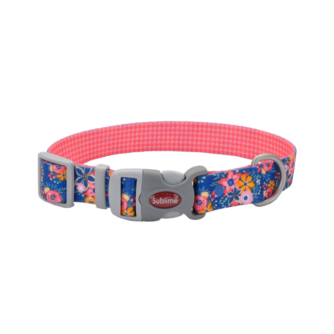 Coastal - Sublime Adjustable Dog Collar - Pink and Orange Flowers on Navy - 1 1/2