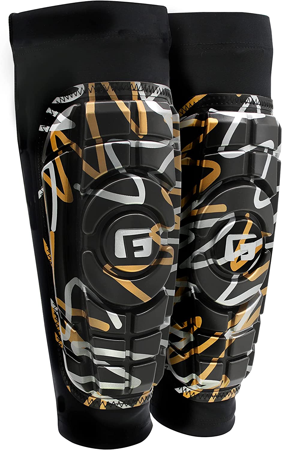 G-Form Youth Pro-S Compact Soccer Shin Guards - Football Shin Guards - Graffiti Gold/Silver/Black, Youth S/M