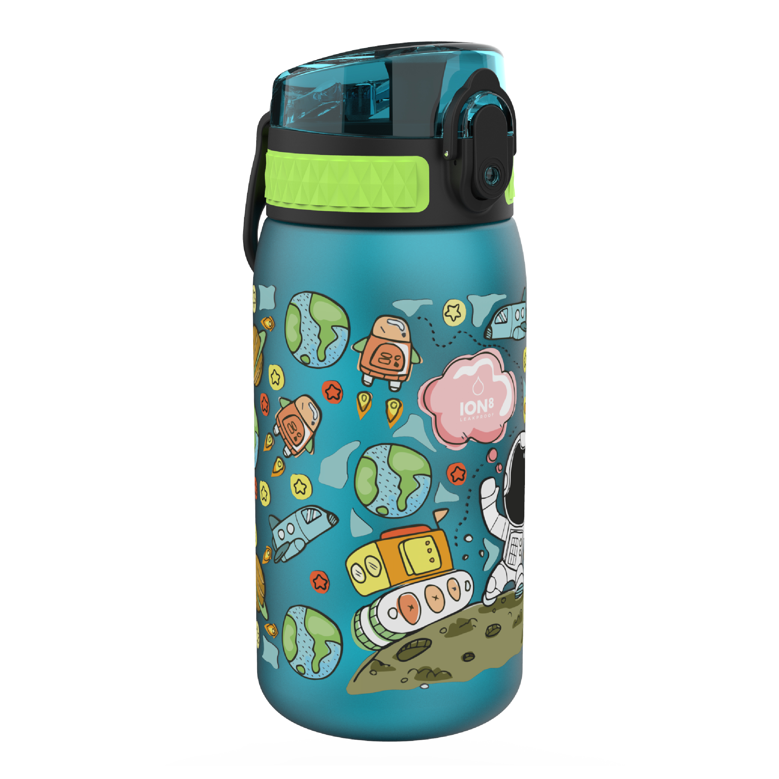 Ion8 Kid's One Touch On-The-Go Printed Water Bottle - Leakproof and BPA-Free Water Bottle - Fits Car Cup Holders and Kid's Backpacks 12 oz / 350 ml - Space