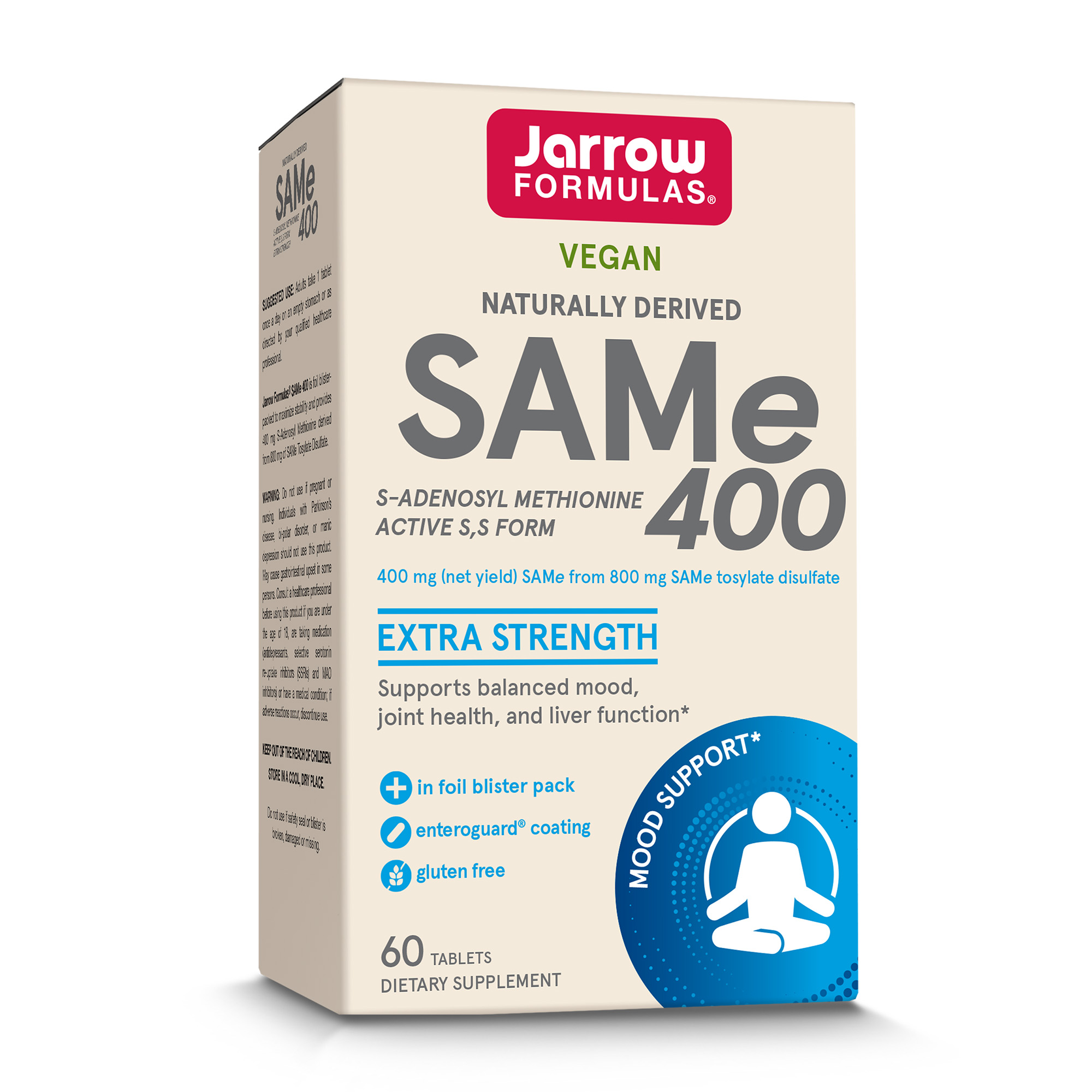 Jarrow Formulas SAMe 400 mg - 60 Tablets - Highest Concentration of Active S,S Form - Supports Joint Health, Liver Function, Brain Metabolism, & Antioxidant Defense - 60 Servings