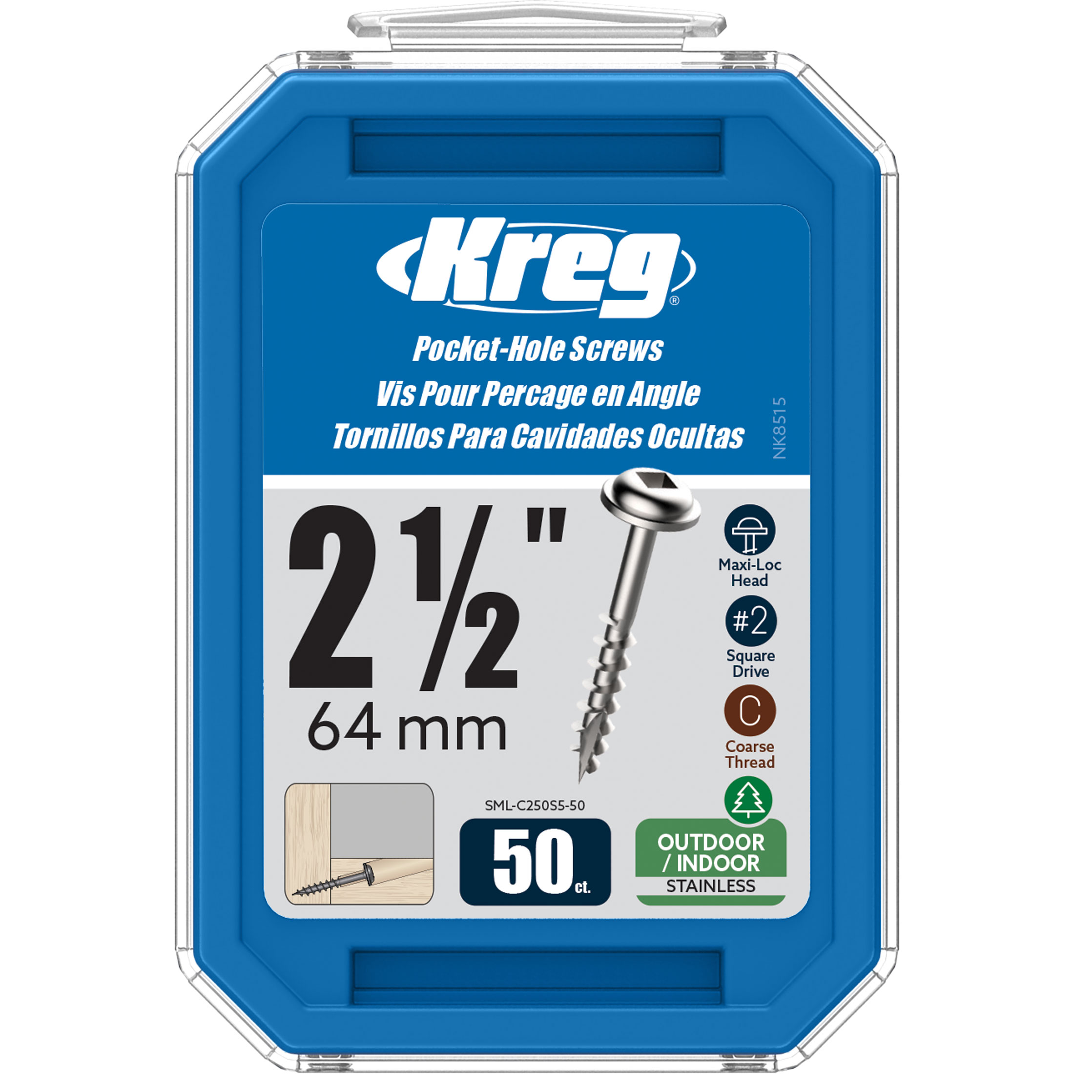 Kreg SML-C250S5-50 Stainless Steel Pocket Screws, 2-1/2 Inch #10 Coarse, Maxi-Loc Head (50 Count)