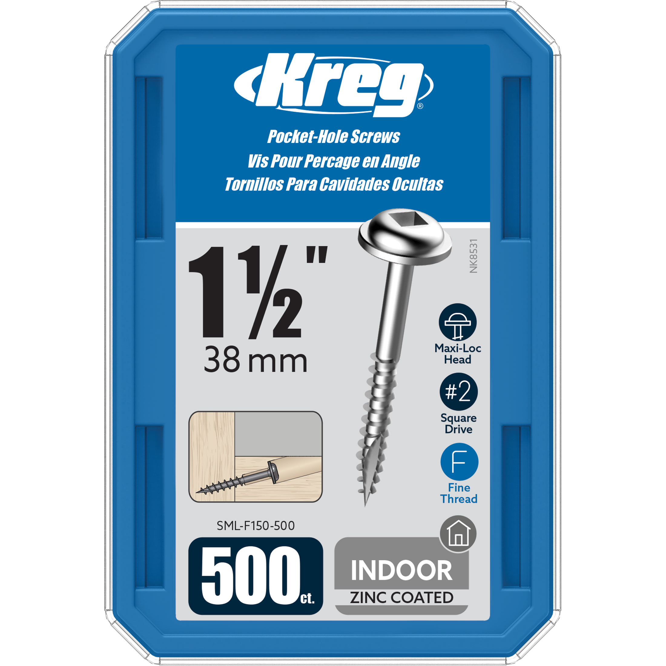 Kreg SML-F150 Pocket Hole Screws 1-1/2-Inch #2 Square Drive Washer-Head 500ct