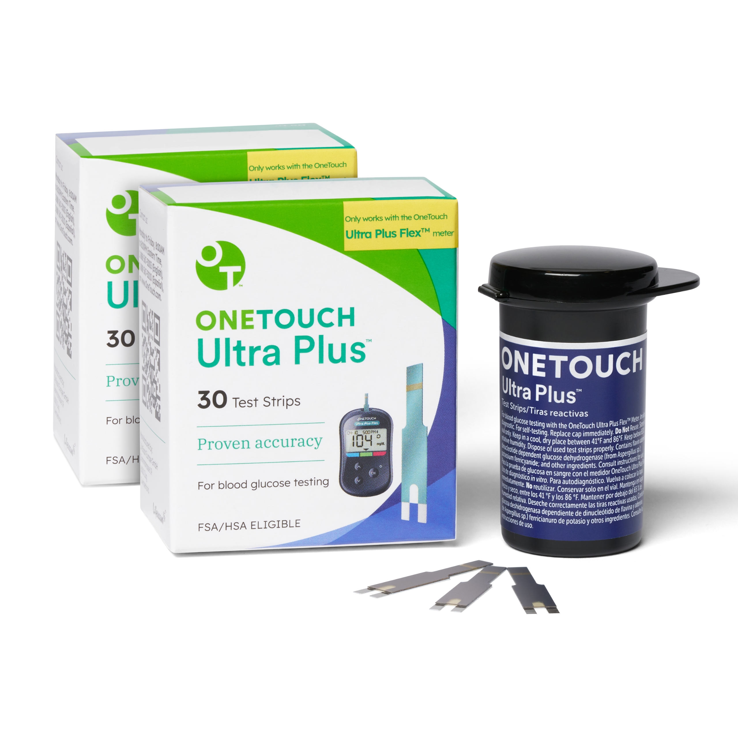 OneTouch Ultra Plus Flex Test Strips for Diabetes - Diabetic Test Strips for Blood Sugar Monitor | at Home Self Glucose Testing| 2 Packs, 30 Test Strips Per Pack