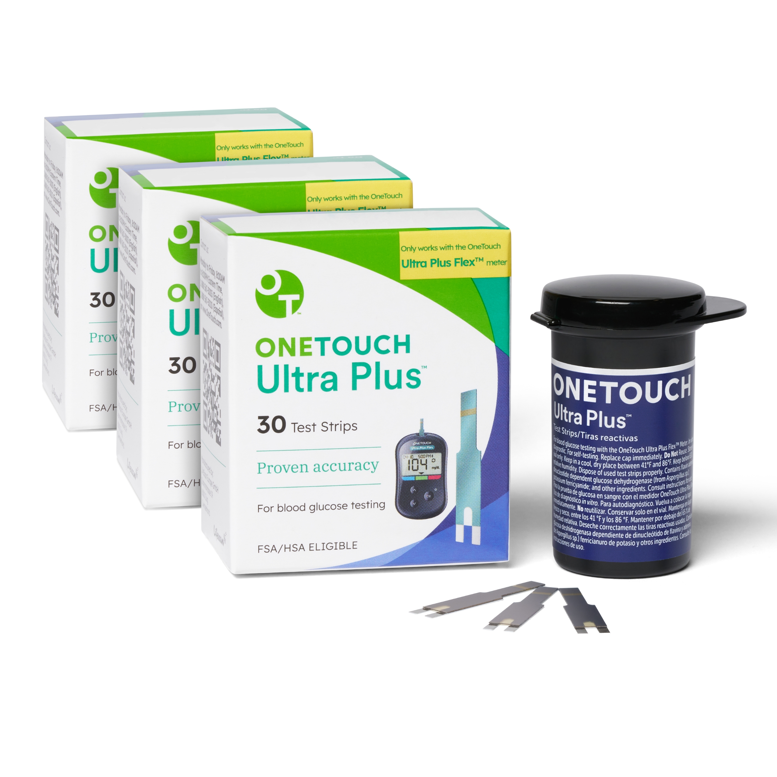 OneTouch Ultra Plus Flex Test Strips for Diabetes - Diabetic Test Strips for Blood Sugar Monitor | at Home Self Glucose Testing | 3 Packs, 30 Test Strips Per Pack