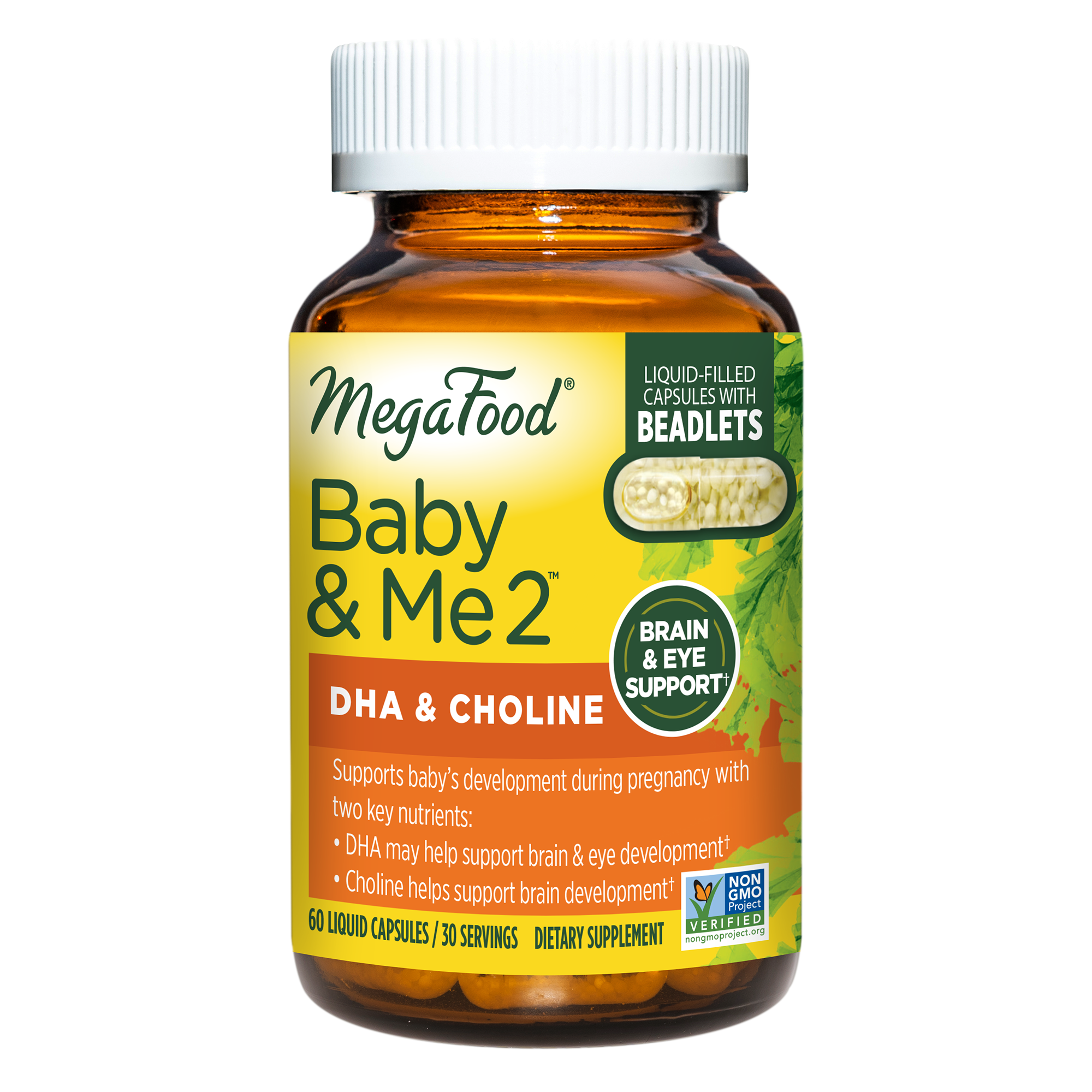MegaFood Baby & Me 2 Prenatal DHA & Choline - Support Baby's Healthy Brain Development During Pregnancy & Breastfeeding with 250 mg Plant-Based DHA and 160 mg Choline - 60 Caps (30 Servings)