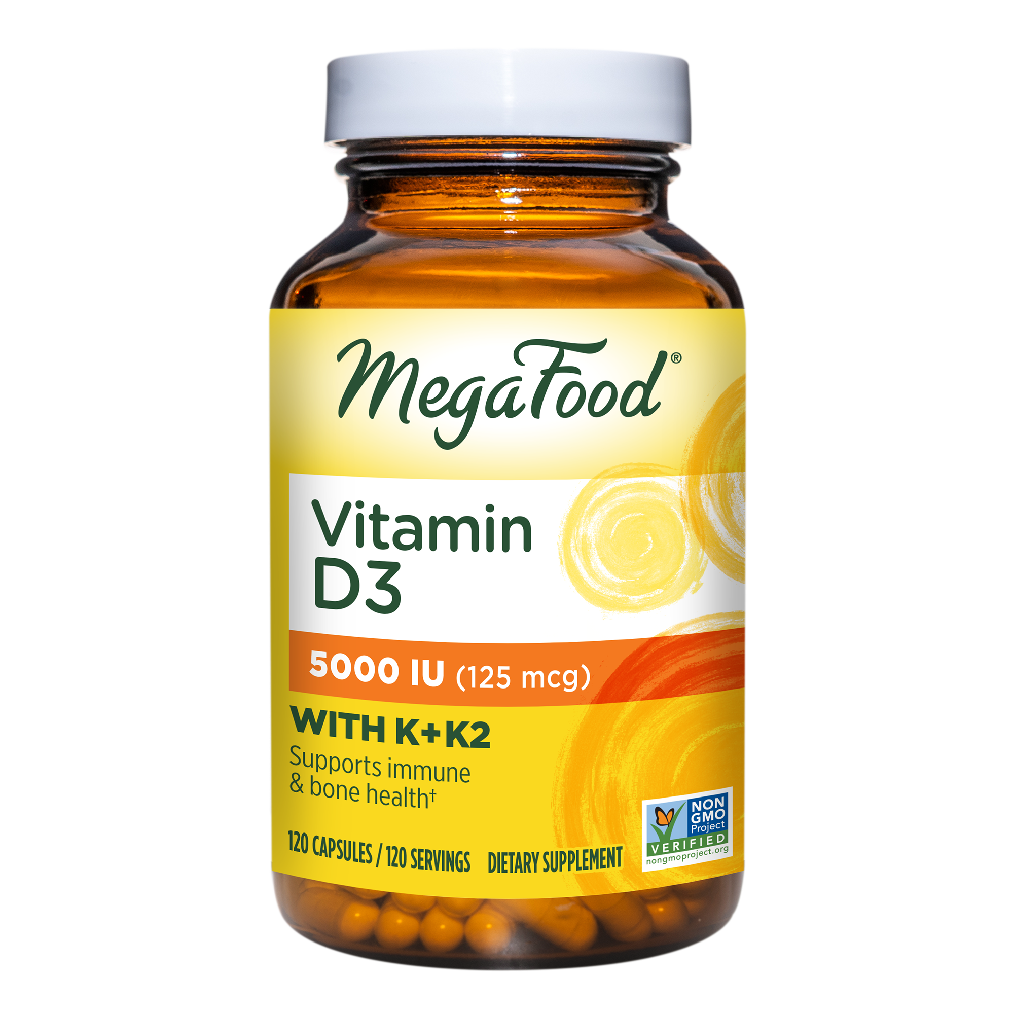 MegaFood Vitamin D3 5000 IU (125 mcg) - Bone Health and Immune Support with Vitamins D3, K, and K2 - Vegetarian, Gluten-Free - Made Without Dairy or Soy - 120 Caps
