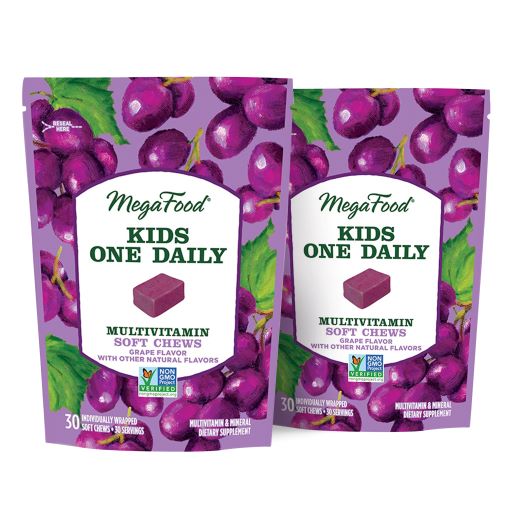 MegaFood Kids One Daily Multivitamin Soft Chews - Chewable Multivitamin for Children with Vitamins C, D & More - Non-GMO, Gluten-Free, Vegetarian & Made without Dairy and Soy - 30 Chews, 2Pack - Grape