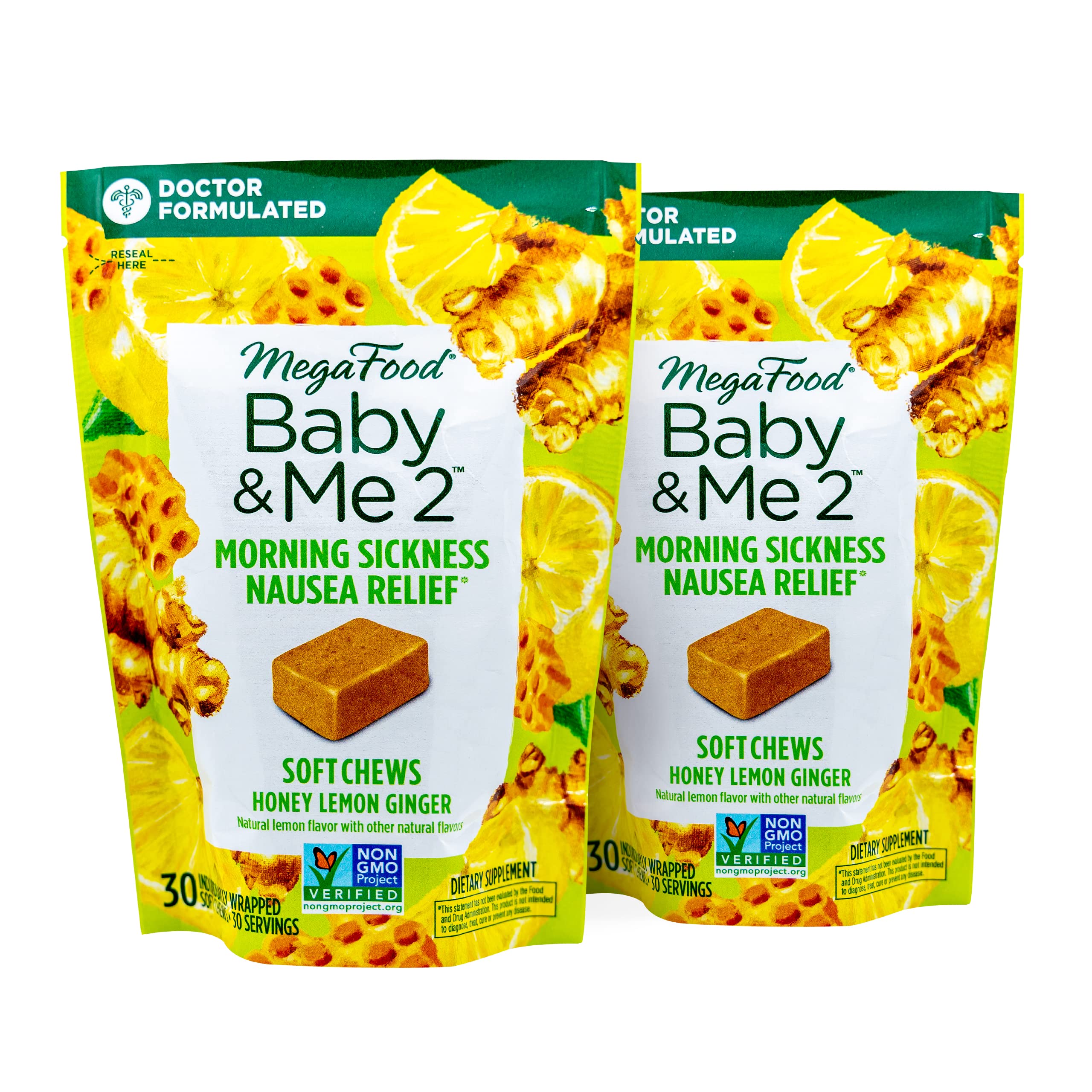 MegaFood Baby & Me 2 Morning Sickness Nausea Relief Soft Chews - Dr Formulated with Organic Ginger and Vitamin B6 - Gluten-Free, Non-GMO, Vegetarian - Honey Lemon Ginger Flavor - 30 Chews (Pack of 2)