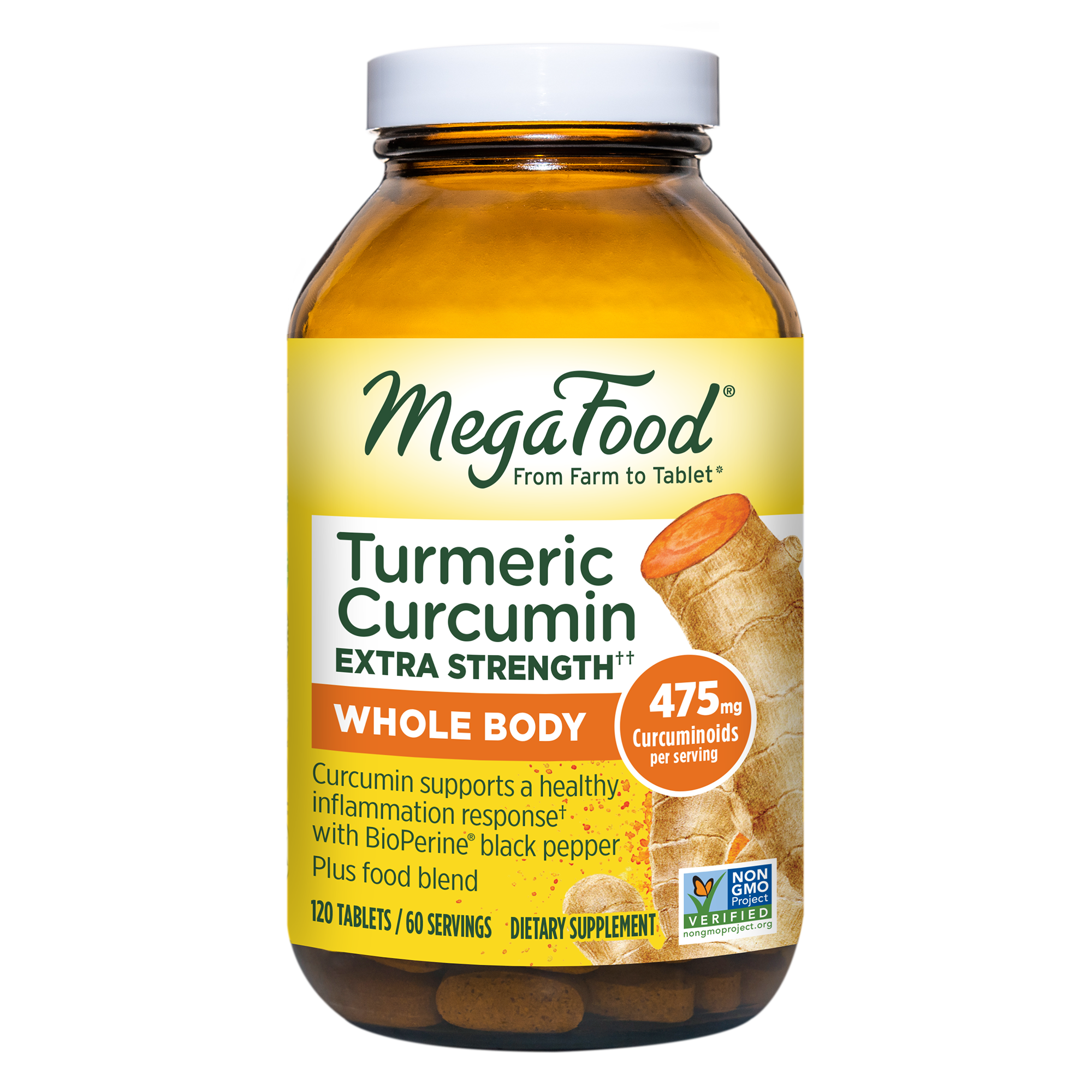 MegaFood Turmeric Curcumin Extra Strength - Whole Body Supplement to Support Healthy Inflammation Response with Black Pepper - Gluten Free, Vegan & Made Without Dairy & Soy - 120 Tabs (60 Servings)