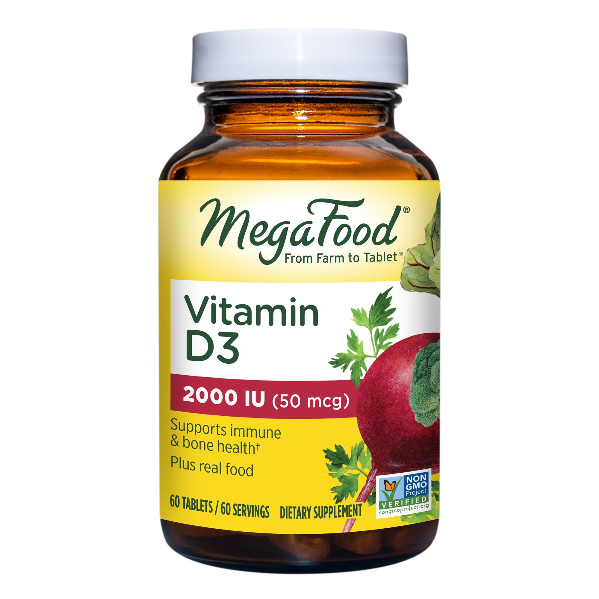 MegaFood, Vitamin D3 2000 IU, Immune and Bone Health Support, Vitamin and Dietary Supplement, Gluten Free, Vegetarian, 60 Tablets