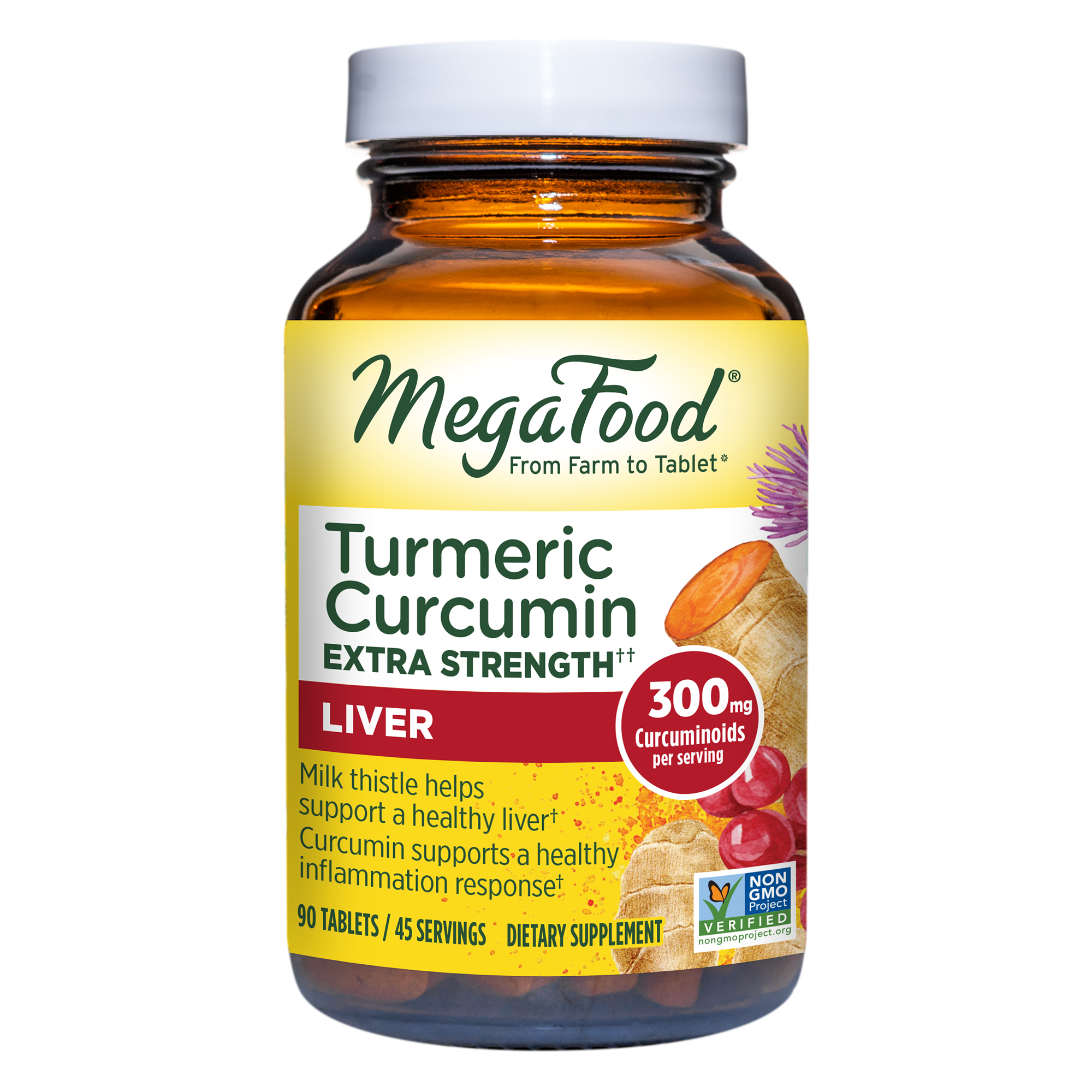 MegaFood Turmeric Curcumin Extra Strength -Supplement to support Liver Health with Bioperine Black Pepper & Milk Thistle Extract - Gluten Free, Vegan & Made without Dairy & Soy - 90 Tabs (45 Servings)
