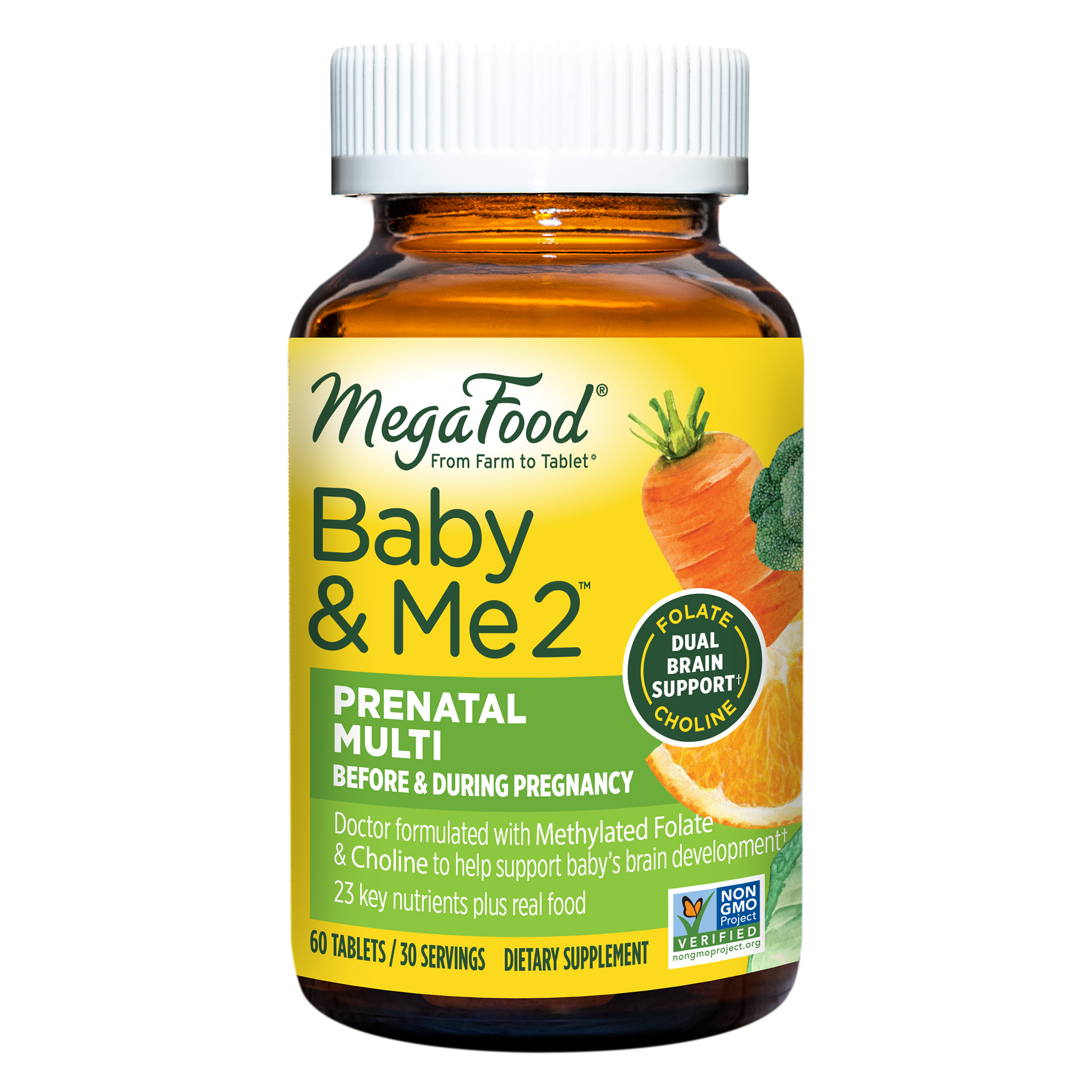 MegaFood Baby & Me 2 Prenatal Multi - Prenatal Vitamins for Mom & Developing Baby - Dr Formulated with Essential Nutrients like Folic Acid, Choline, Biotin, and More - Non-GMO - 60 Tabs (30 Servings)