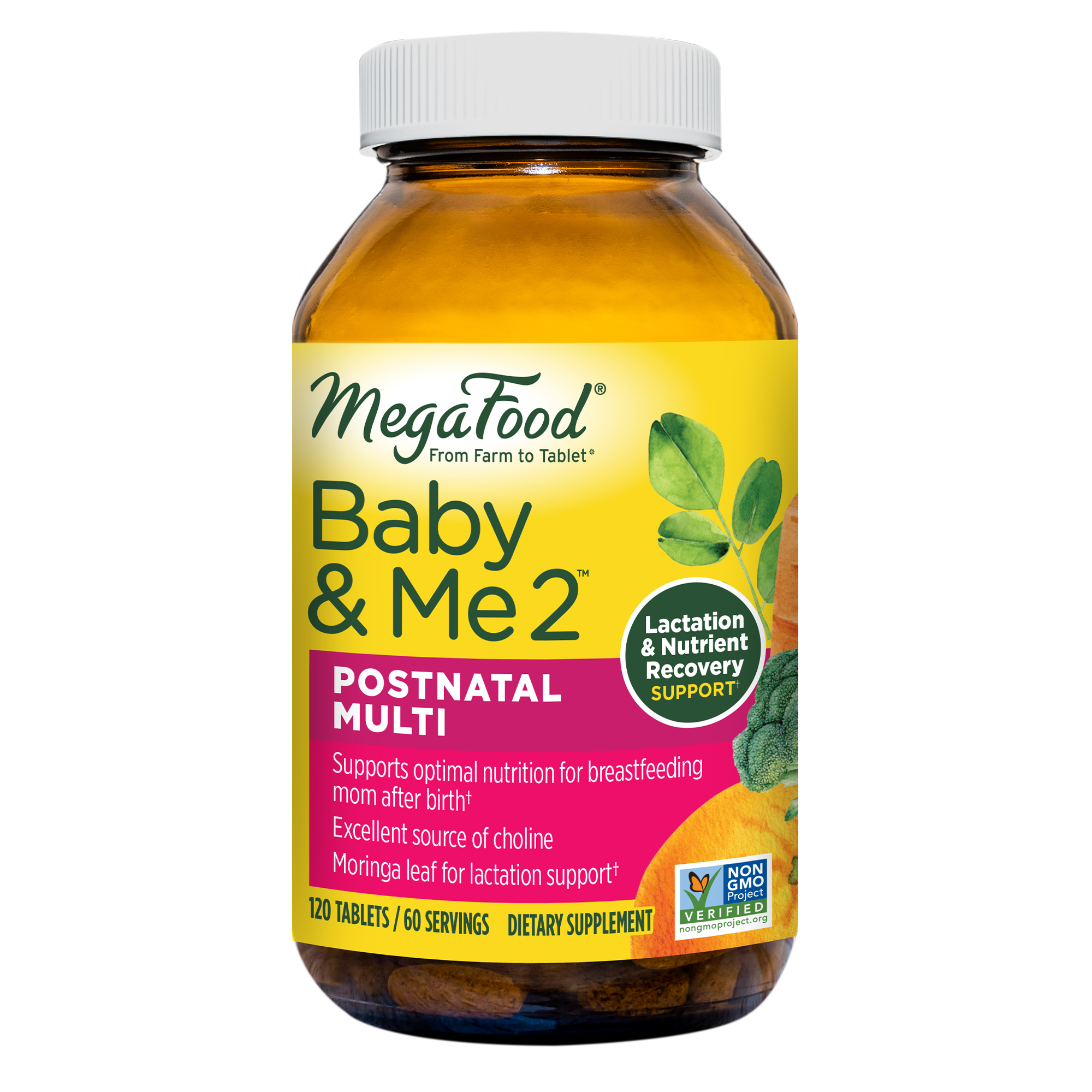 MegaFood Baby & Me 2 Postnatal Multi - Postnatal Multivitamin for Women with Folic Acid, Choline, Biotin, Moringa Leaf, and More - Non-GMO Project Verified and Vegetarian - 120 Tabs (60 Servings)