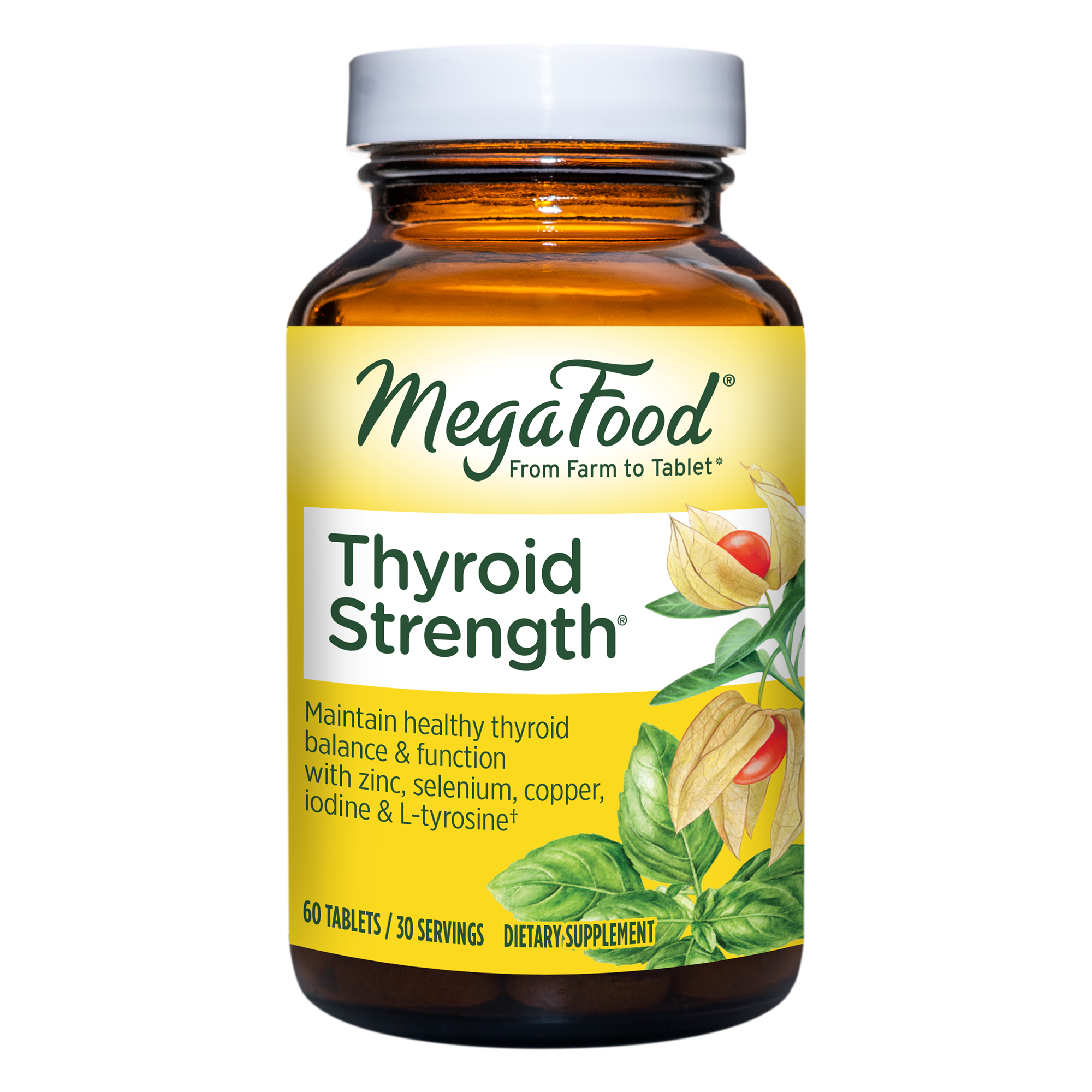 MegaFood Thyroid Strength - Mineral Supplement for Thyroid Support with Ashwagandha, Zinc, Iodine, L-Tyrosine, Selenium, and Copper - Gluten-Free, Made Without Dairy - Vegan - 60 Tabs (30 Servings)