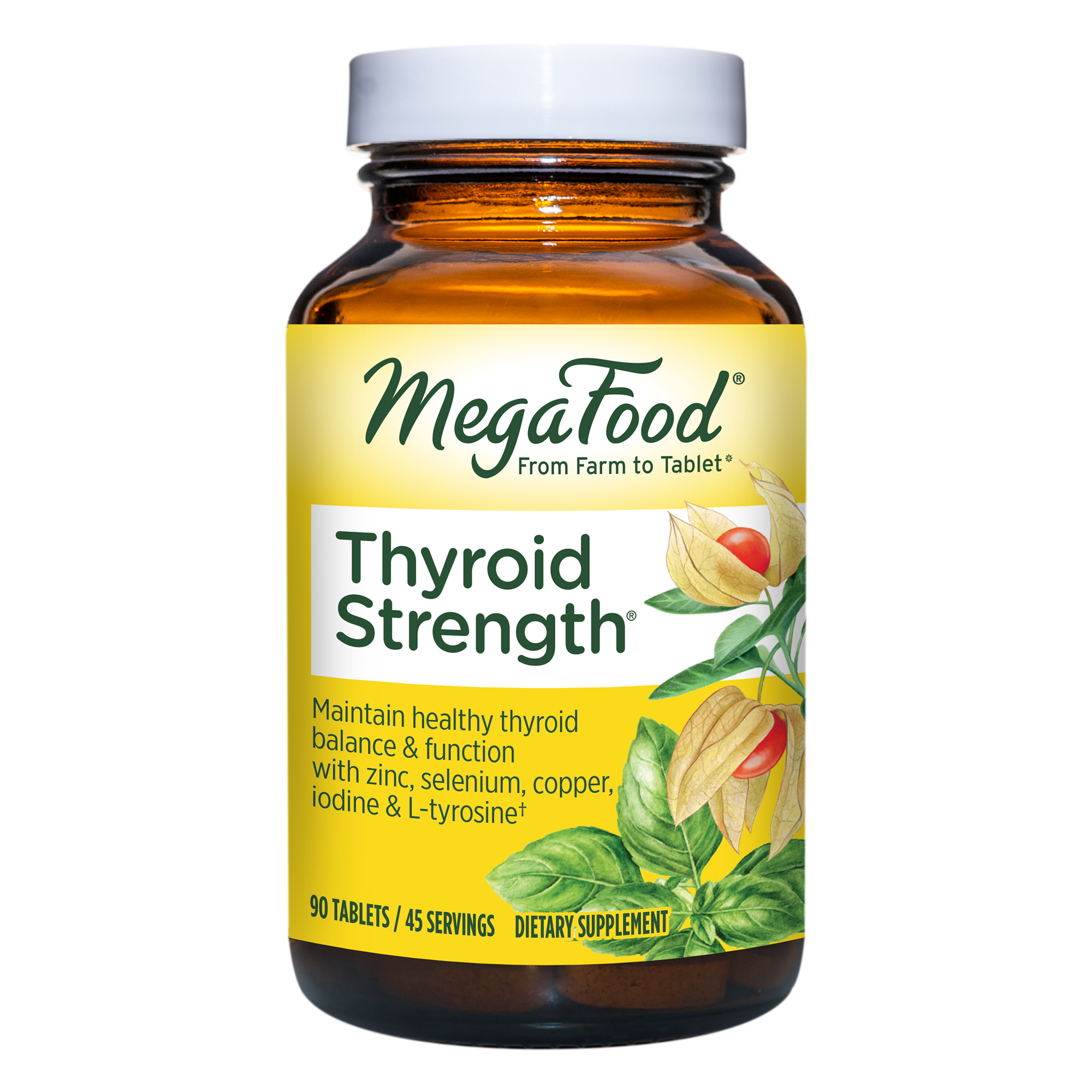 MegaFood Thyroid Strength - Mineral Supplement for Thyroid Support with Ashwagandha, Zinc, Iodine, L-Tyrosine, Selenium, and Copper - Gluten-Free - Made without Dairy - Vegan - 90 Tabs (45 Servings)