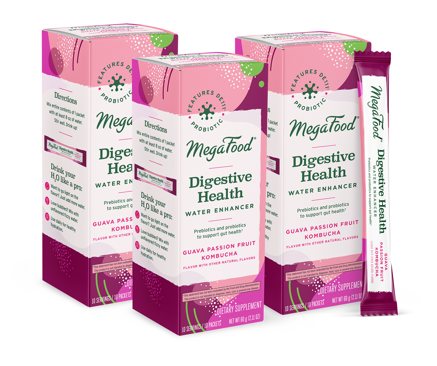 MegaFood Digestive Health Water Enhancer - Prebiotics & Probiotics for Women & Men - Support Gut Health with 2 Billion CFU - Guava Passion Fruit Kombucha Powder - 10 Count (Pack of 3)