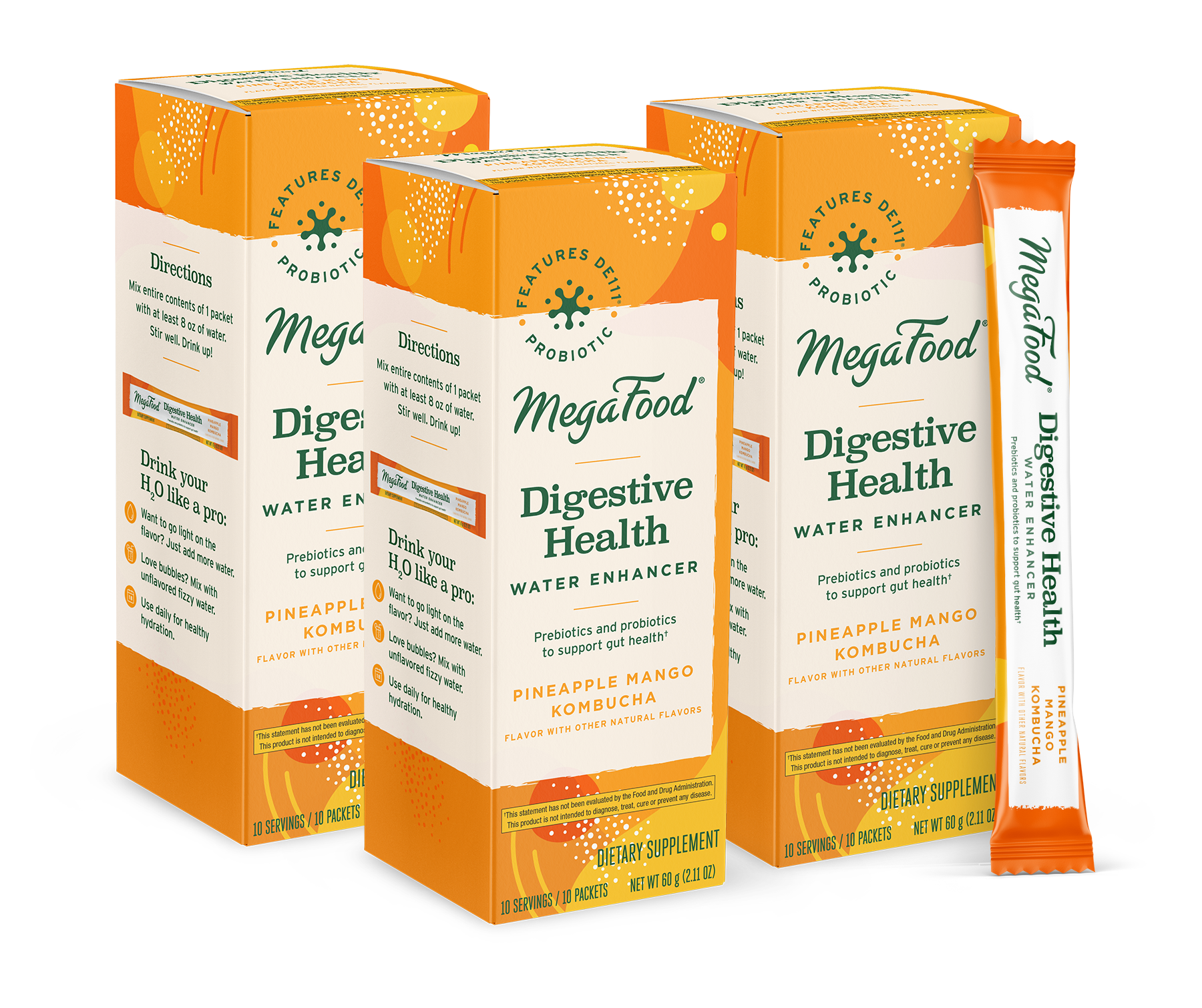 MegaFood Digestive Health Water Enhancer - Prebiotics & Probiotics for Women & Men - Support Gut Health with 2 Billion CFU - Pineapple Mango Kombucha Powder - 10 Count (Pack of 3)