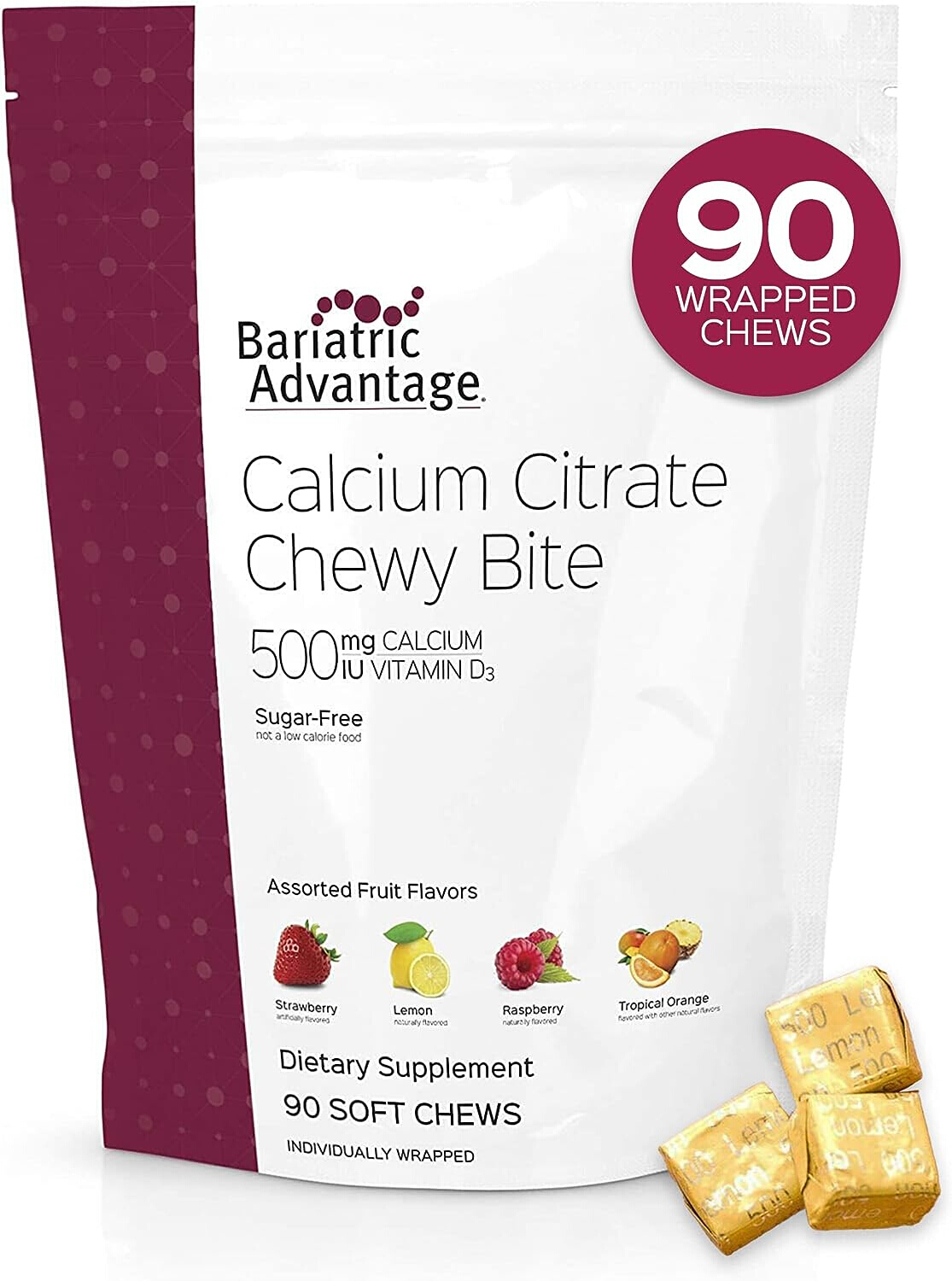 Bariatric Advantage Calcium Citrate Chewy Bites 500mg with Vitamin D3 Assorted Fruit - 90 Chews