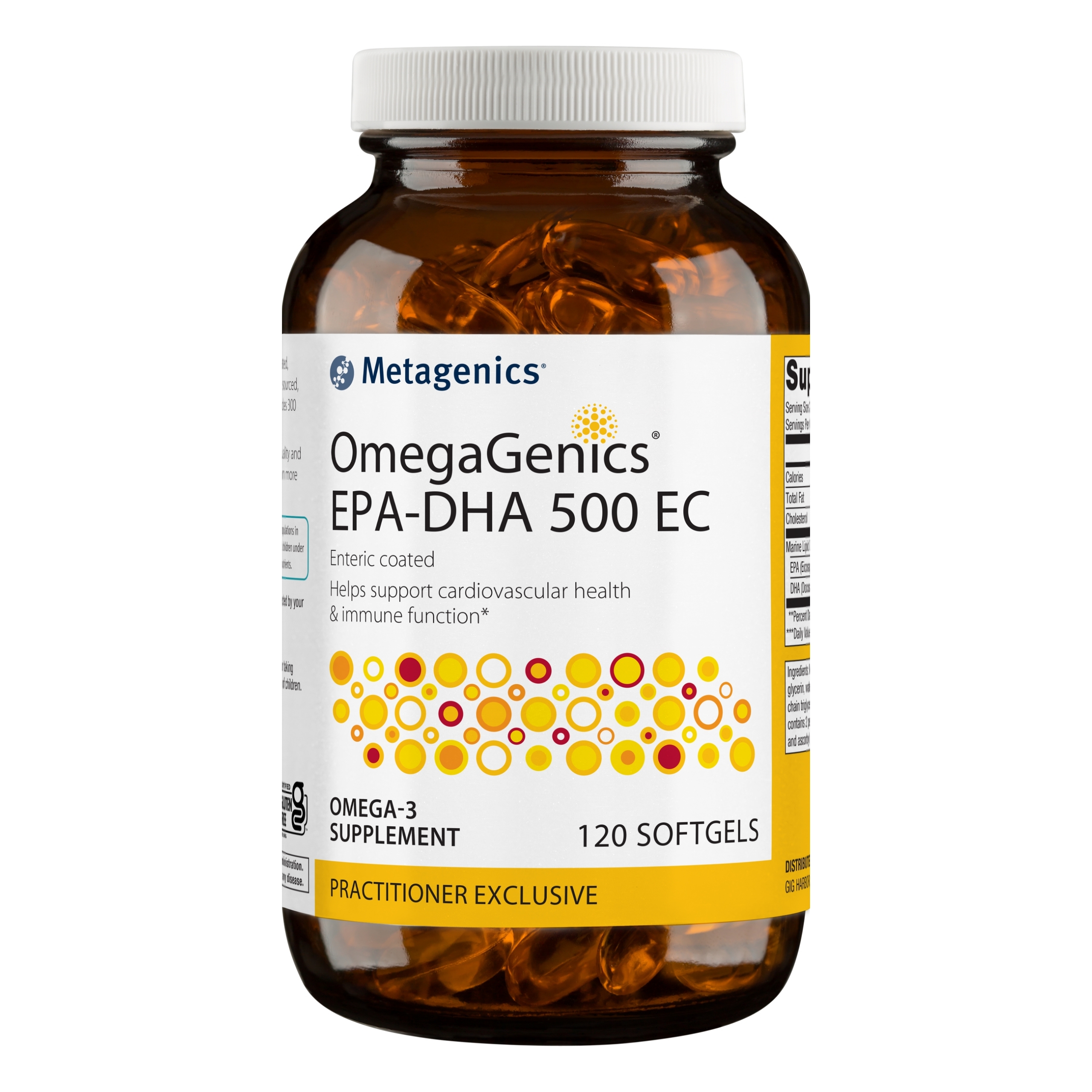 Metagenics OmegaGenics EPA DHA 500 EC Enteric Coated Omega 3 Fish Oil Daily Supplement to Help Support Cardiovascular Health and Immune Function - Lemon Flavor, 120 Count