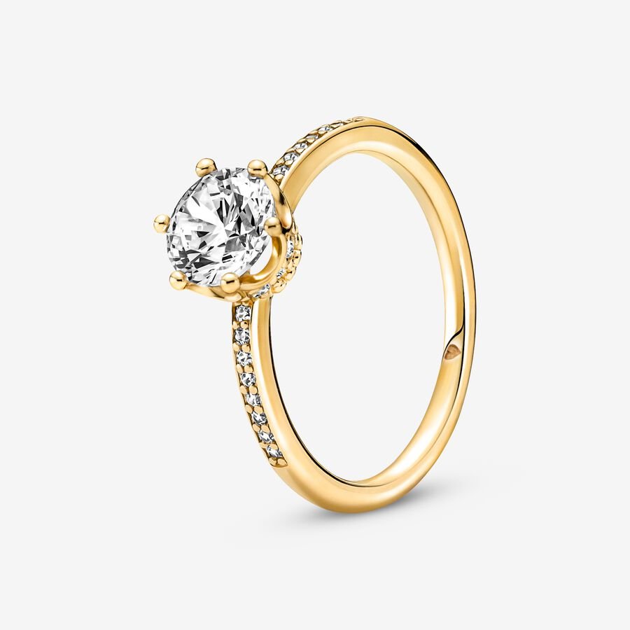 PANDORA Jewelry Clear Sparkling Crown Solitaire Ring - 14k Gold-Plated with Cubic Zirconia - Size 7, With Gift Box