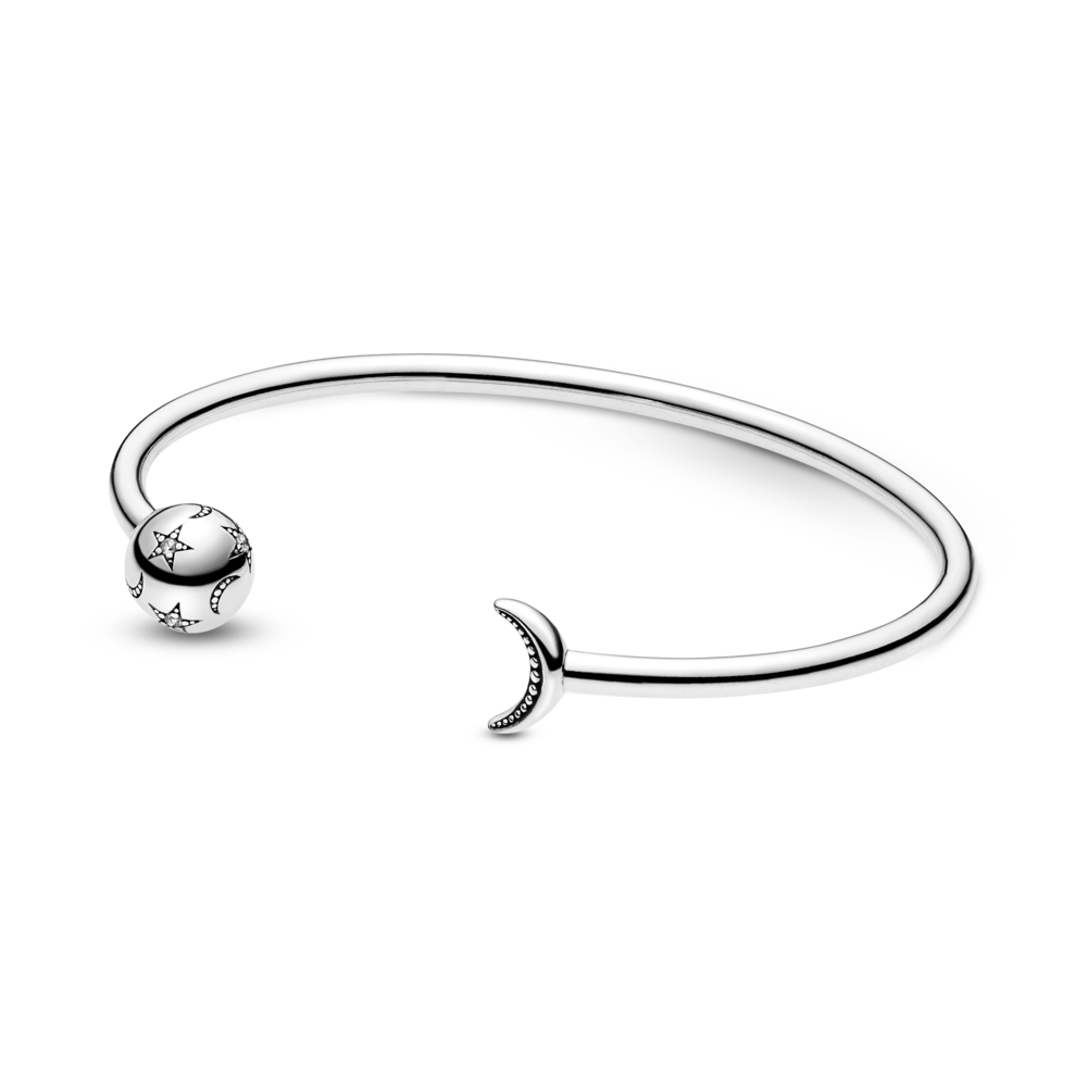 Pandora Moon and Star Sterling Silver Open Bangle Wit, Size 3