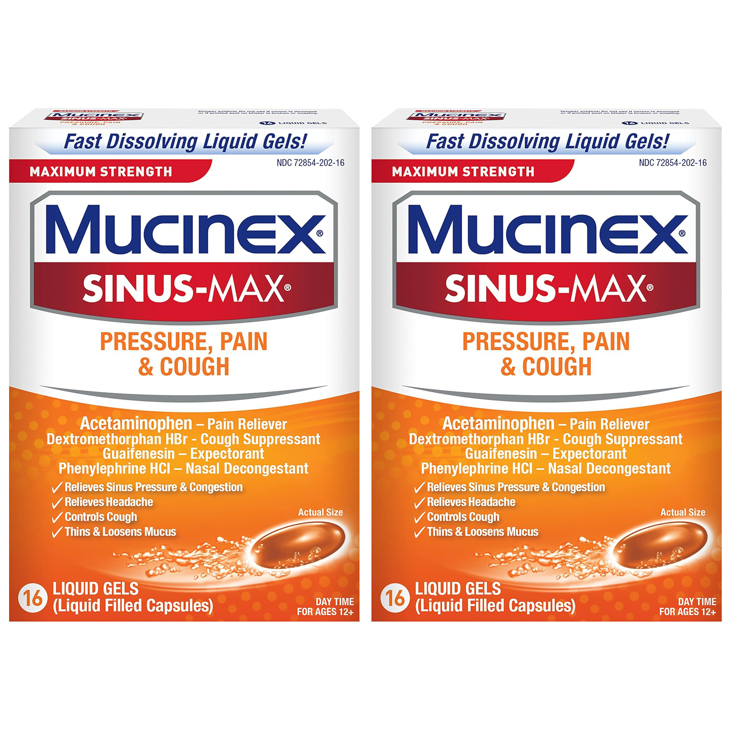 Mucinex Sinus-Max Max Strength Pressure, Pain & Cough Liquid Gels, 16ct (Pack of 2)