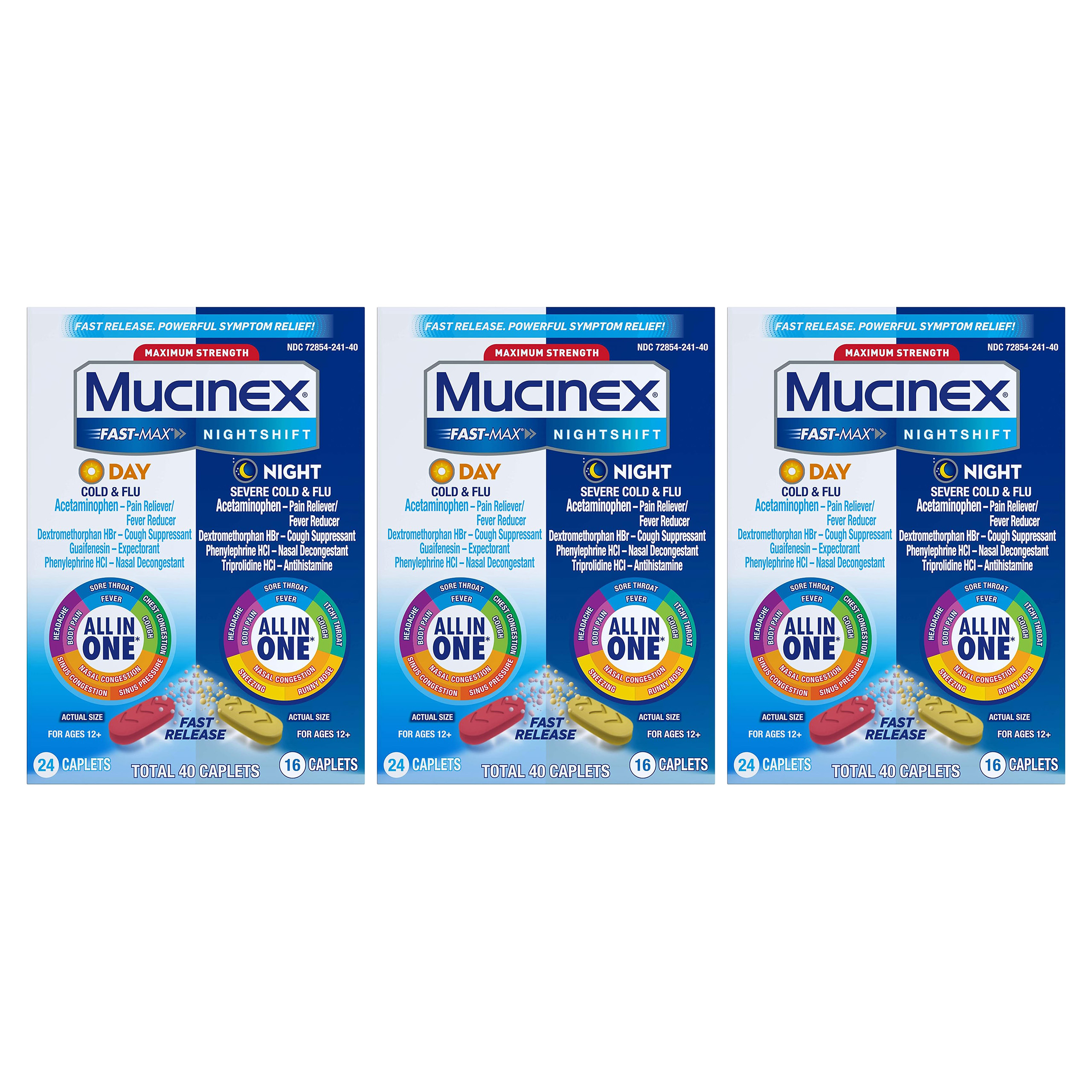 Mucinex Maximum Strength Fast-Max Day Cold & Flu & Nightshift Night Severe Cold & Flu All in One, Fast Release, Powerful Multi-Symptom Relief, 40 caplets (24 Day time + 16 Night time) (Pack of 3)