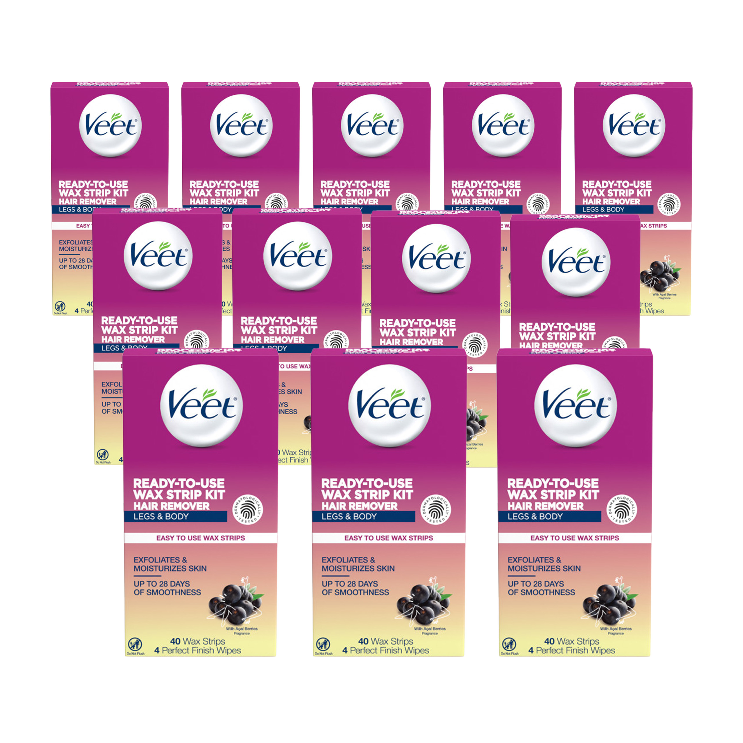 Veet Leg and Body Wax Strip Kit, 40 Wax Strips and 4 Wipes each (Value Pack of 12)