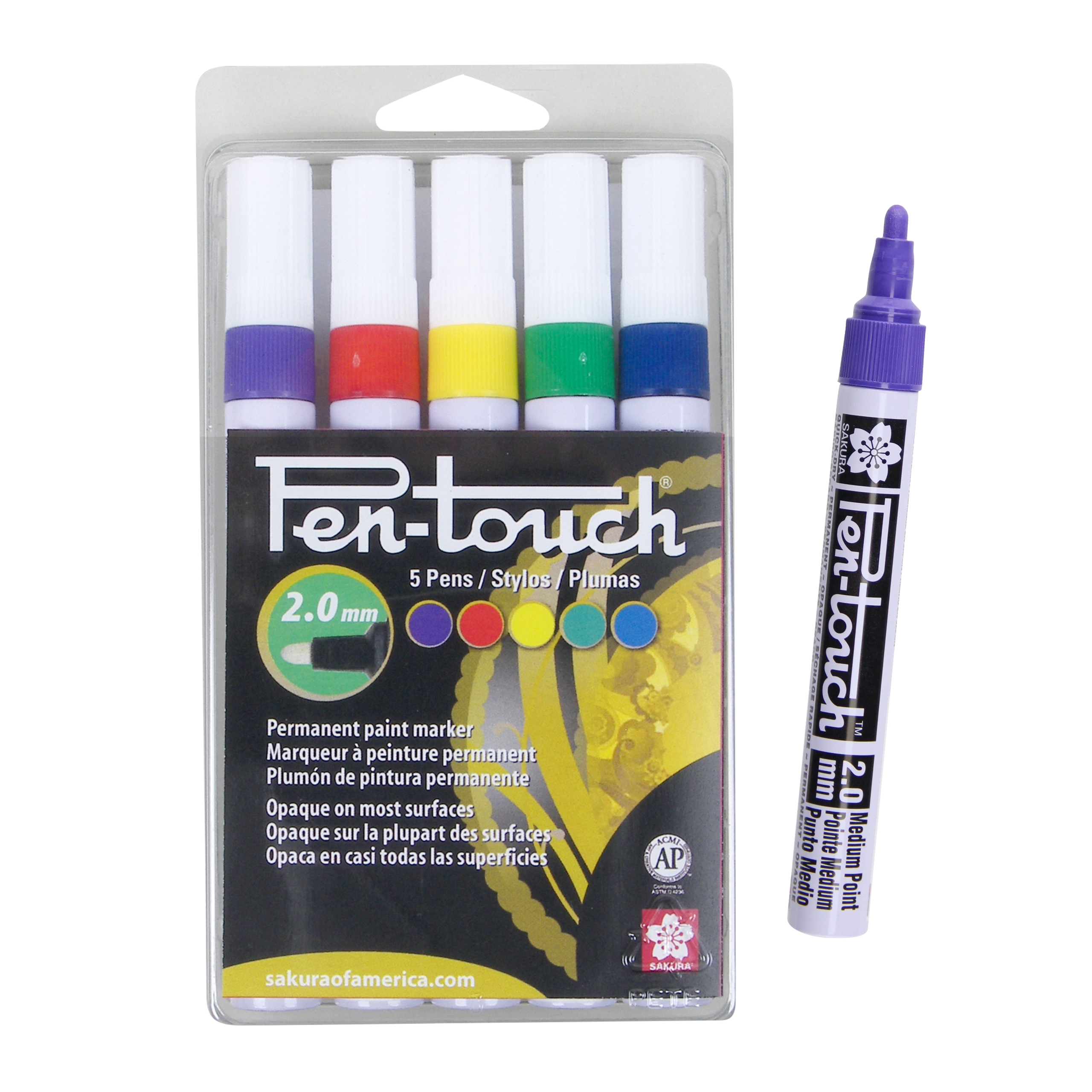 Sakura 42592 5-Piece 2.0mm Pentouch Paint Marker, Medium, Yellow, Red, Purple, Green and Blue