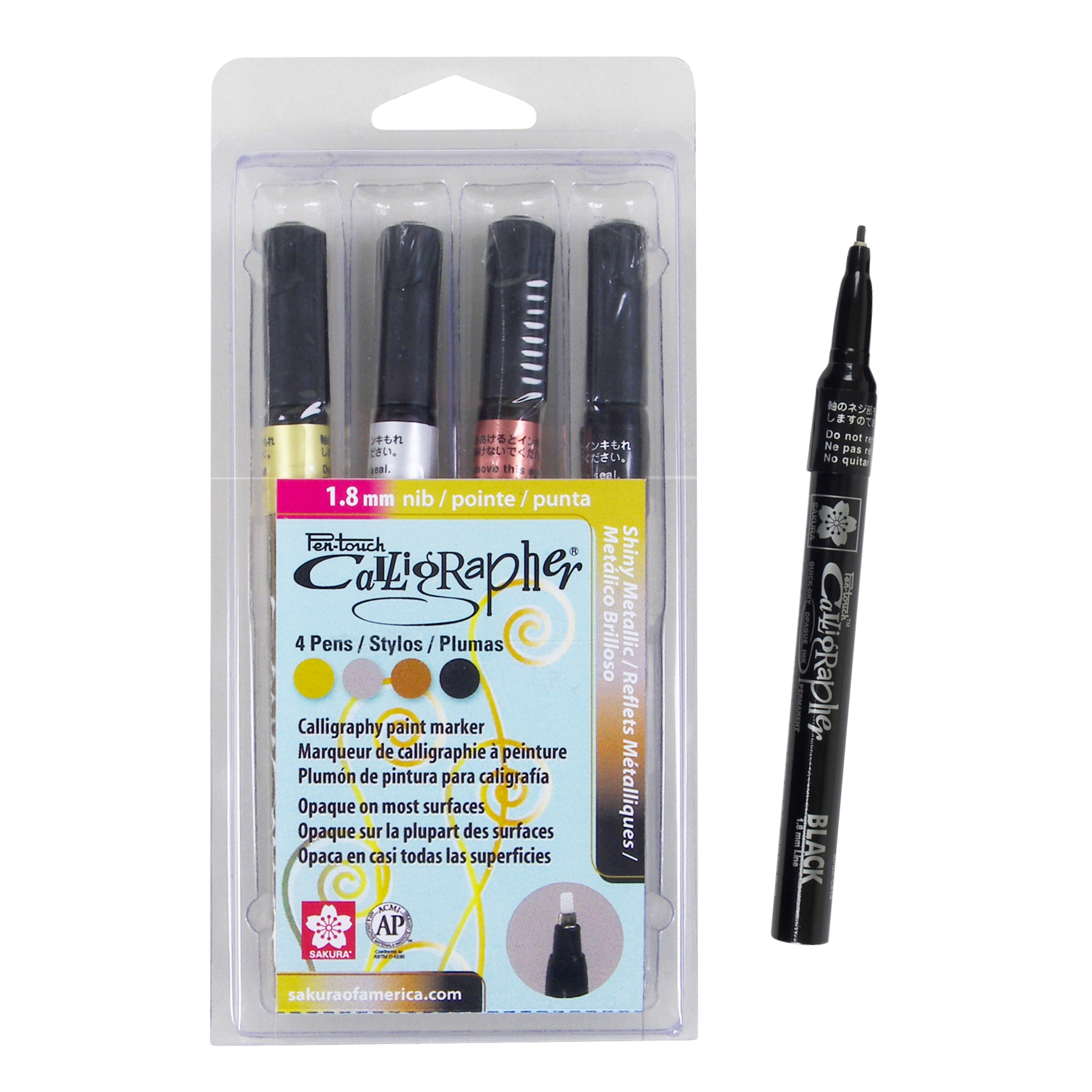 Sakura 47391 4-Piece Fine Pentouch Calligrapher Paint Marker, 1.8mm, Gold, Silver, Copper and Black