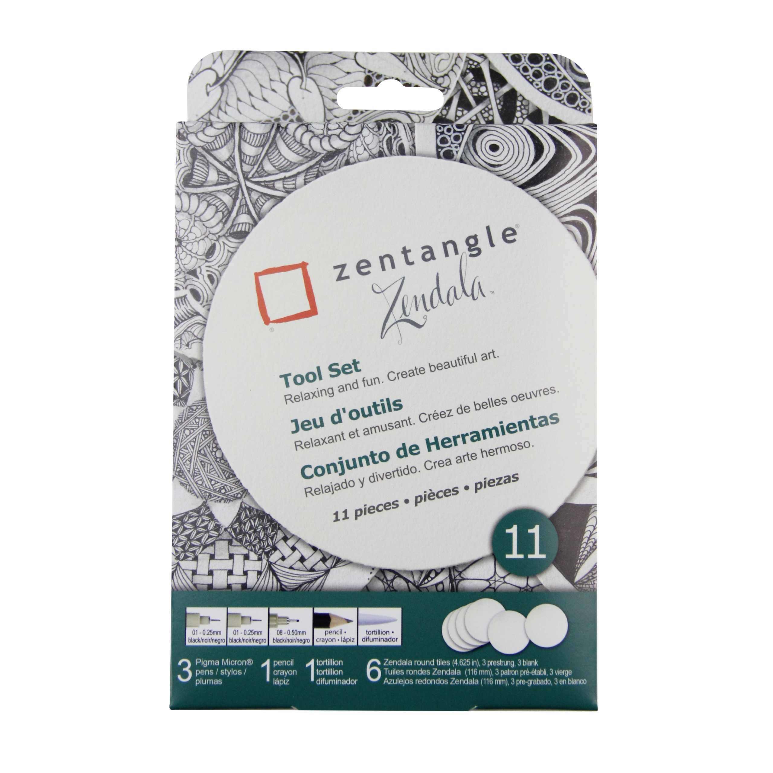 Sakura #50113 Zentangle 11 Pc Set w/ Zendala Round WhiteTiles (4-5/8