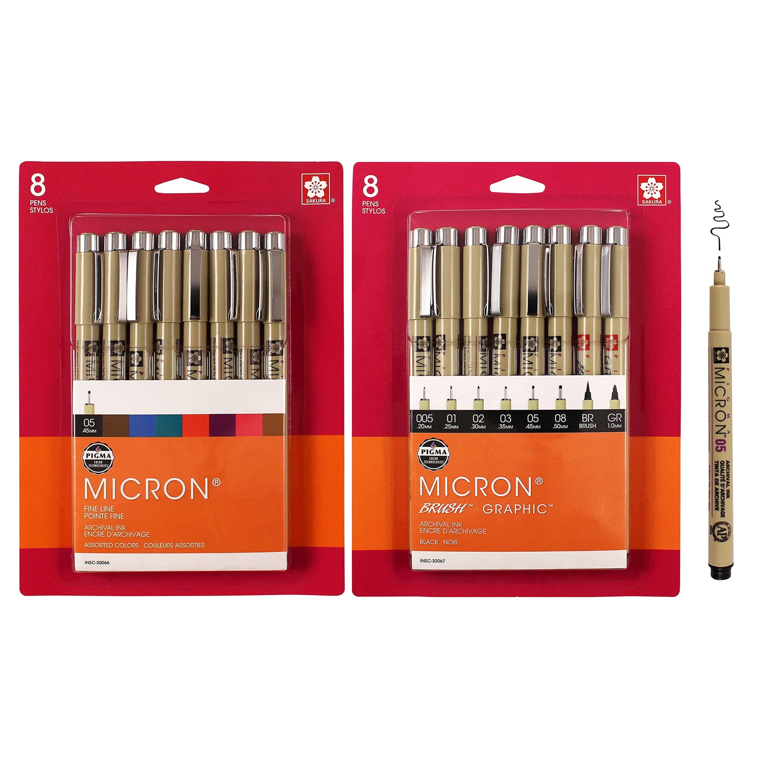 SAKURA - Pigma Micron Fineliner Pens, Archival Black Ink, Assorted Tip Sizes, 8 Pack 30067 + SAKURA - Pigma Micron 05 Tip Fineliner Pens, Assorted Archival Colors, 8 Pack 30066